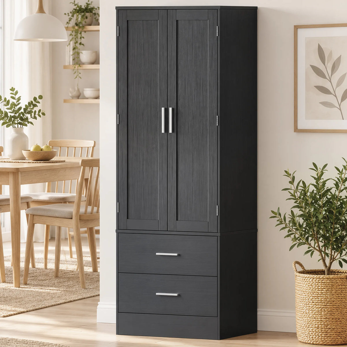 Virtuvės spintelė su 8 lentynėlėmis durelėse ir reguliuojamomis lentynomis, 159 cm, juoda