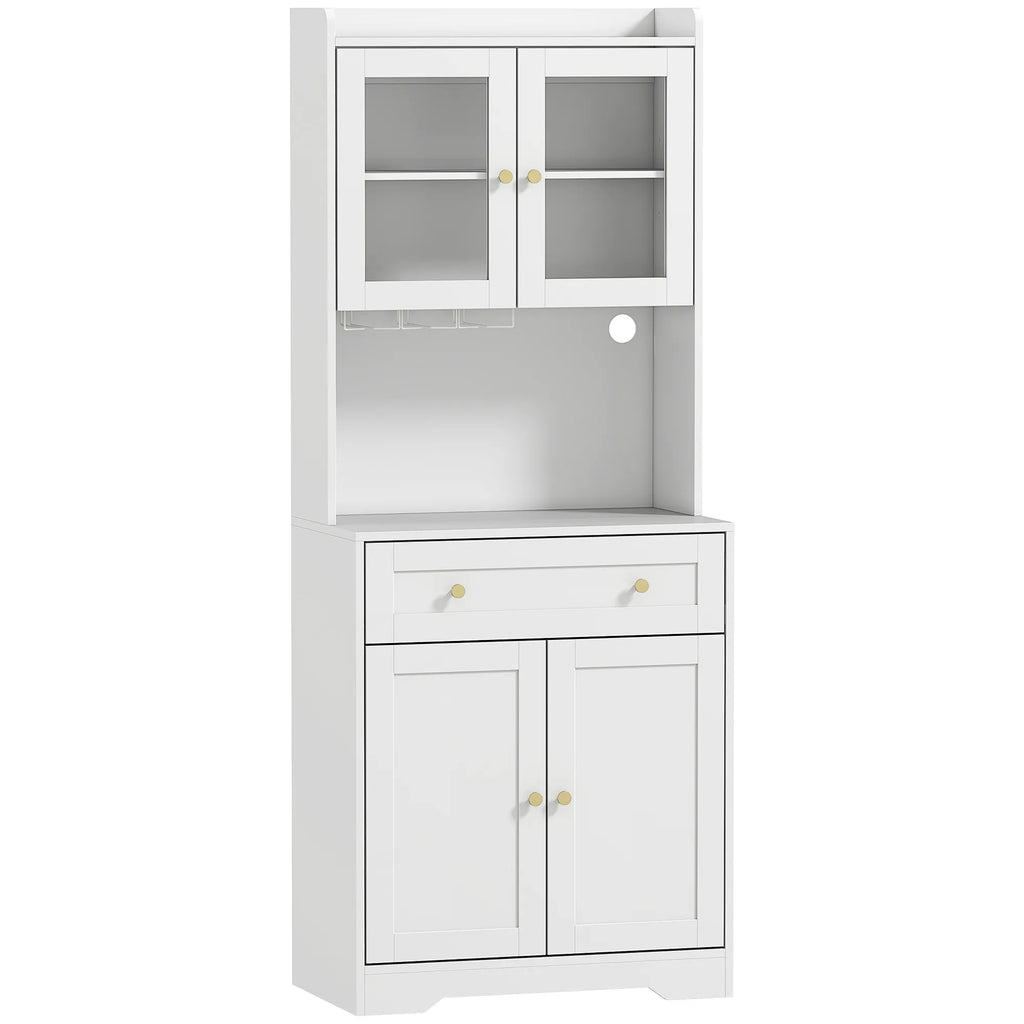 Virtuvės spintelė su darbo paviršiumi, vyno taurių laikiklis, sandėliavimo spintelė virtuvėje, valgomojo kambaryje, 170 cm, MDF, stiklas, balta