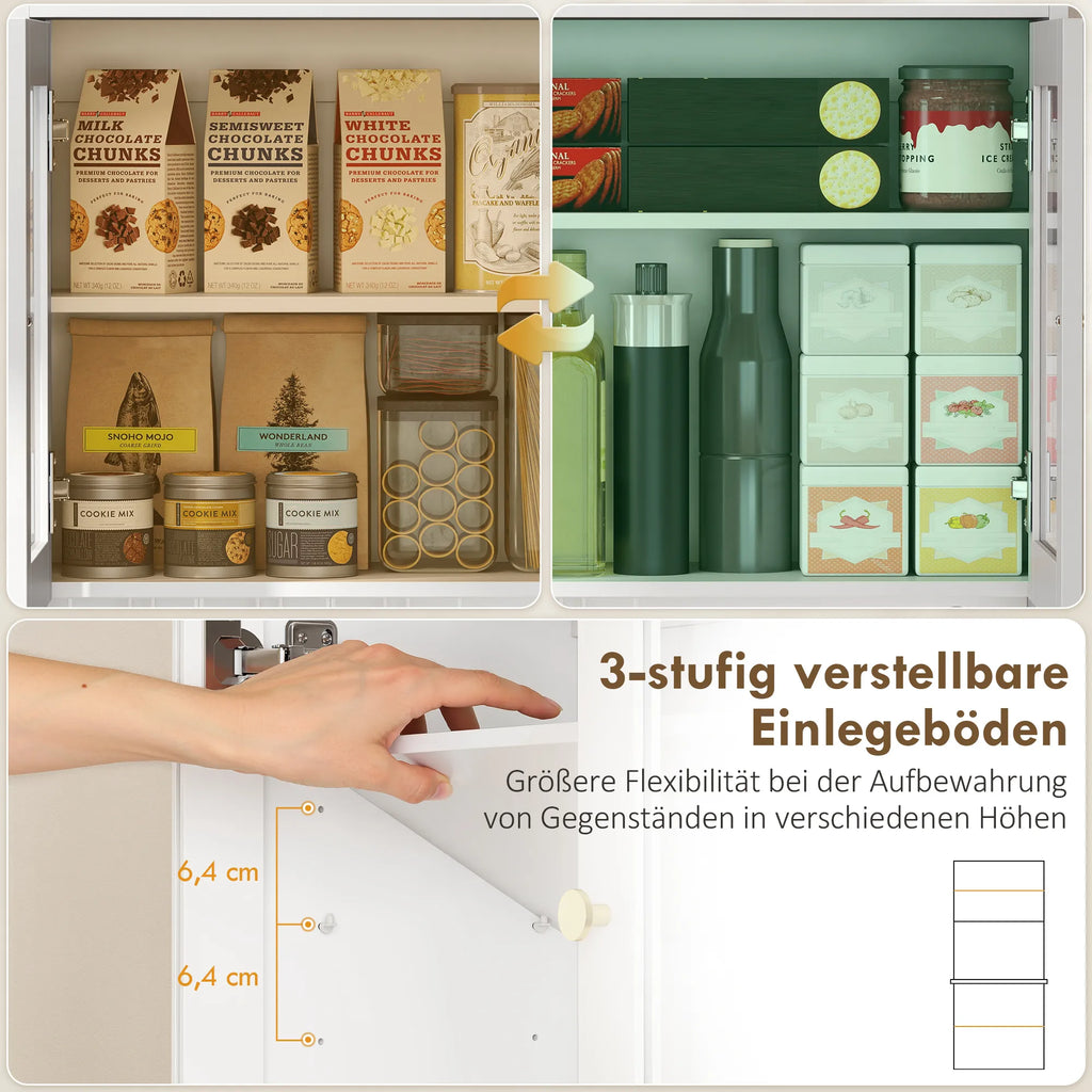 Virtuvės spintelė su darbo paviršiumi, vyno taurių laikiklis, sandėliavimo spintelė virtuvėje, valgomojo kambaryje, 170 cm, MDF, stiklas, balta