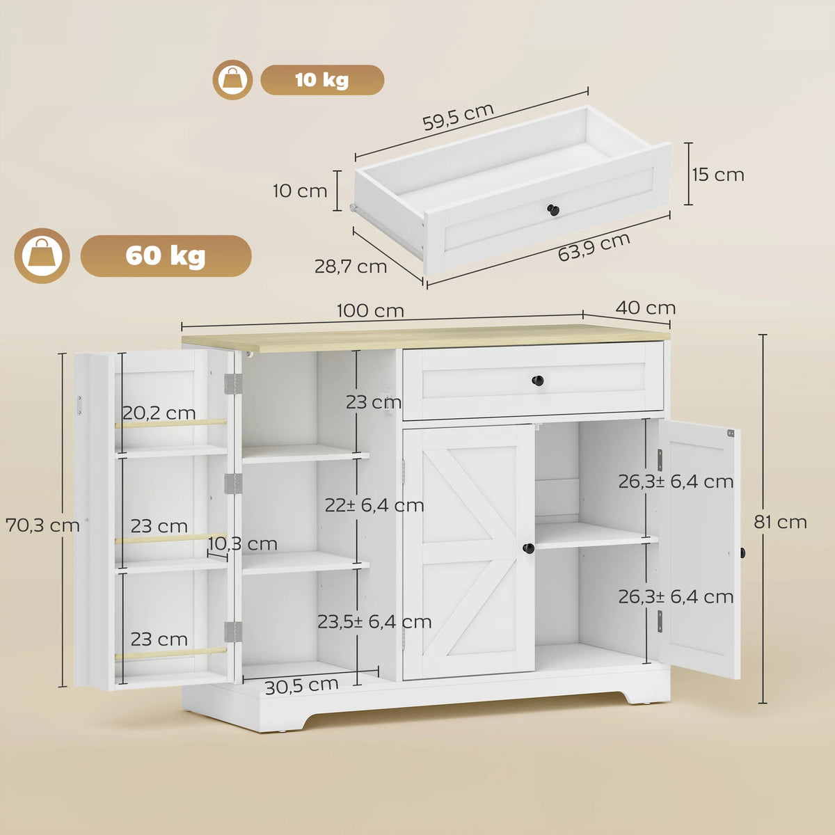 Matmenų schema: spintelės plotis 100 cm, gylis 40 cm, aukštis 70,3–81 cm