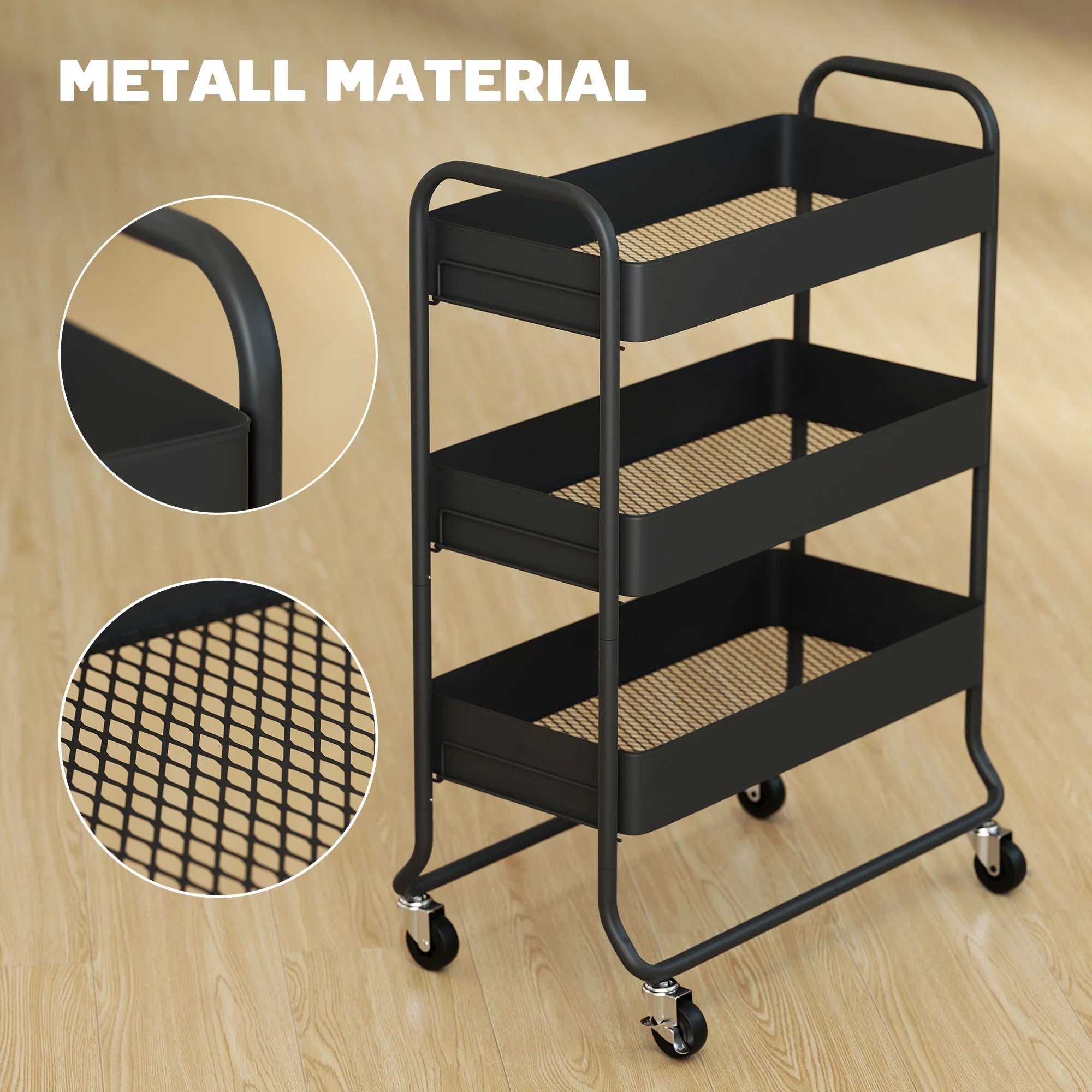 Virtuvės vežimėlis, 3 pakopų, metalinis, juodas
