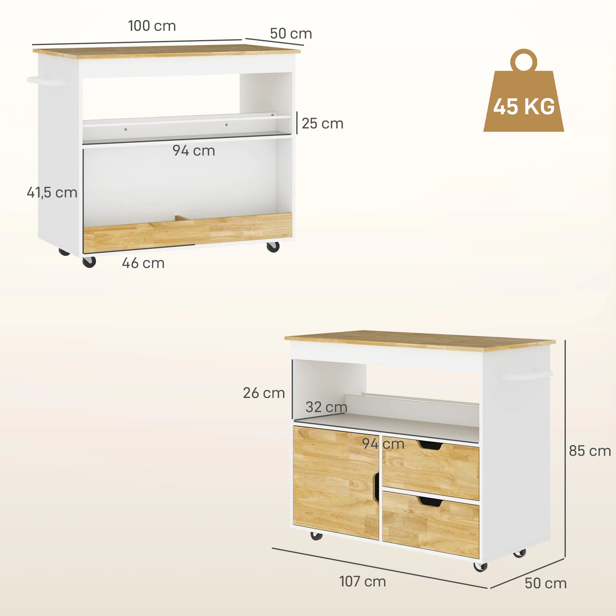Virtuvės vežimėlis su stalčiais ir spintele 107x50x85 cm, ąžuolo ir baltos spalvos