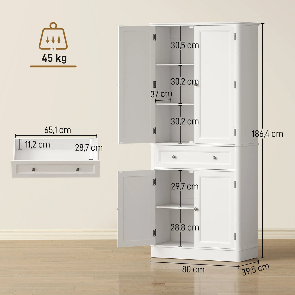 Virtuvinė spintelė su stalčiumi ir reguliuojamomis lentynomis 80 x 39,5 x 186,4 cm balta