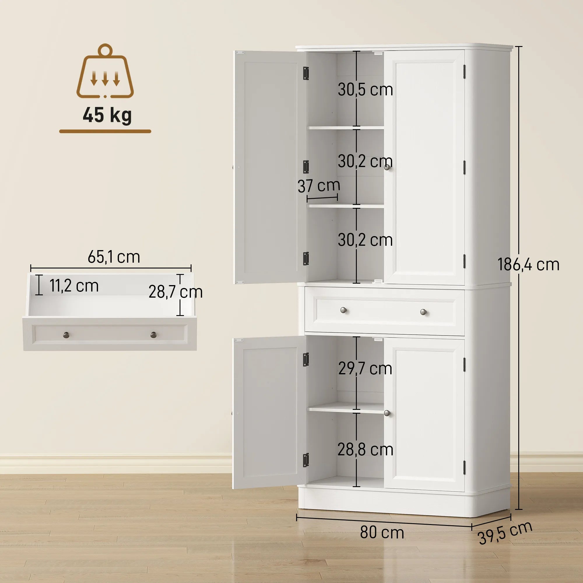 Virtuvinė spintelė su stalčiumi ir reguliuojamomis lentynomis 80 x 39,5 x 186,4 cm balta
