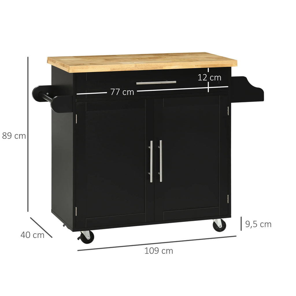 Virtuvinis vežimėlis su stalčiumi ir spintelėmis, 109 cm, juodas