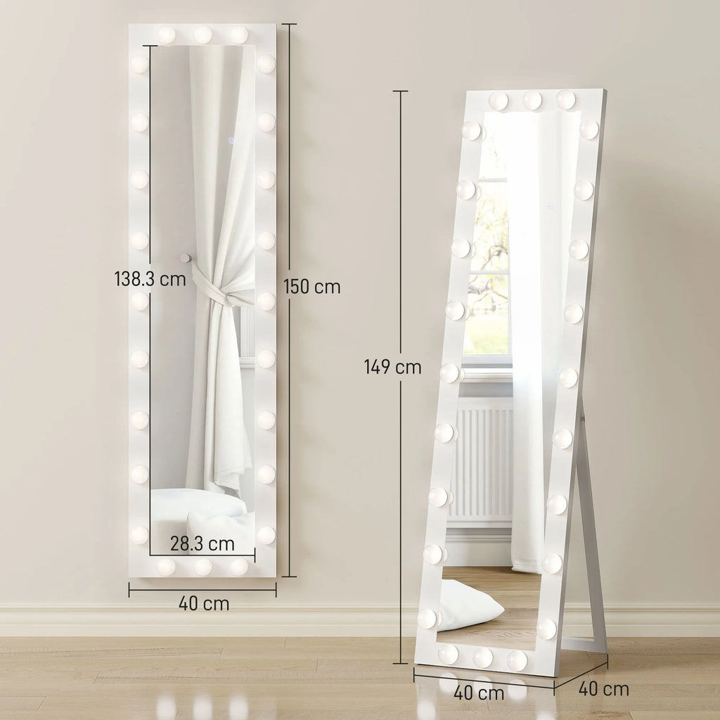 Visas kūno veidrodis 150x40 cm LED veidrodis su 24 lemputėmis, 3 šviesos spalvos, stovintis arba atlenkiamas, baltas