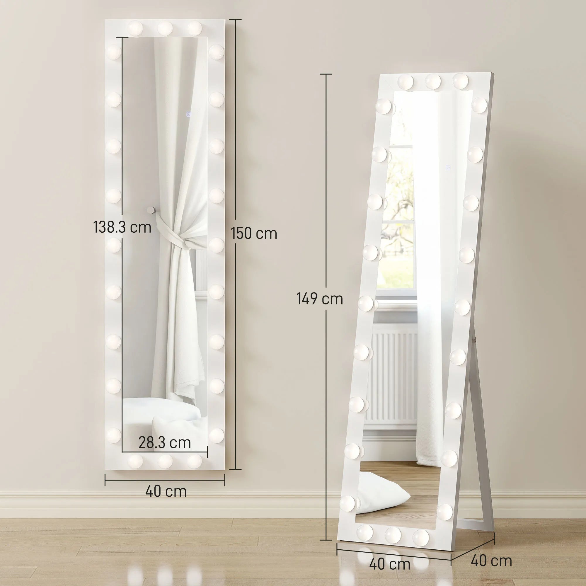 Visas kūno veidrodis 150x40 cm LED veidrodis su 24 lemputėmis, 3 šviesos spalvos, stovintis arba atlenkiamas, baltas
