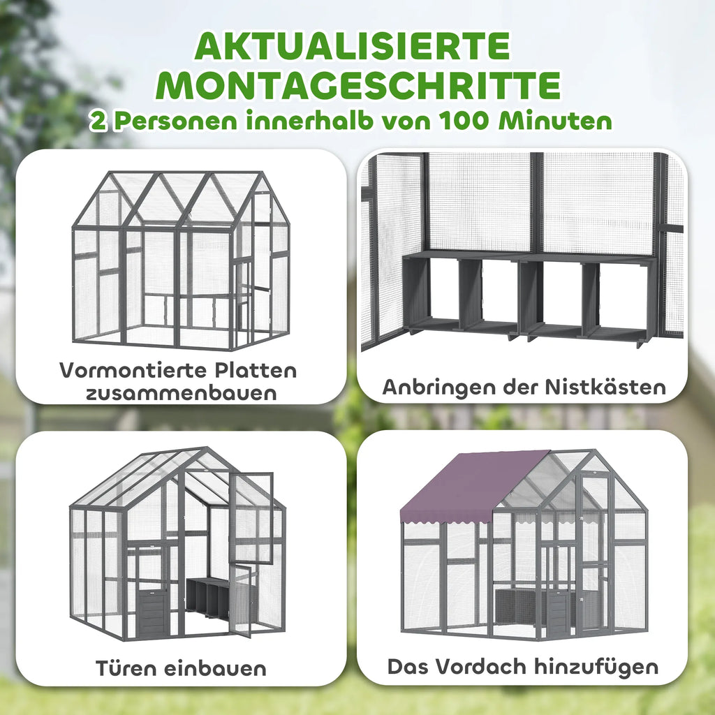 Vištidė su neperšlampamu stogu, 2 lizdais, 2 sėdėjimo kartimis, skirta 6–8 vištoms, maždaug 1,7 x 1,8 x 1,8 m