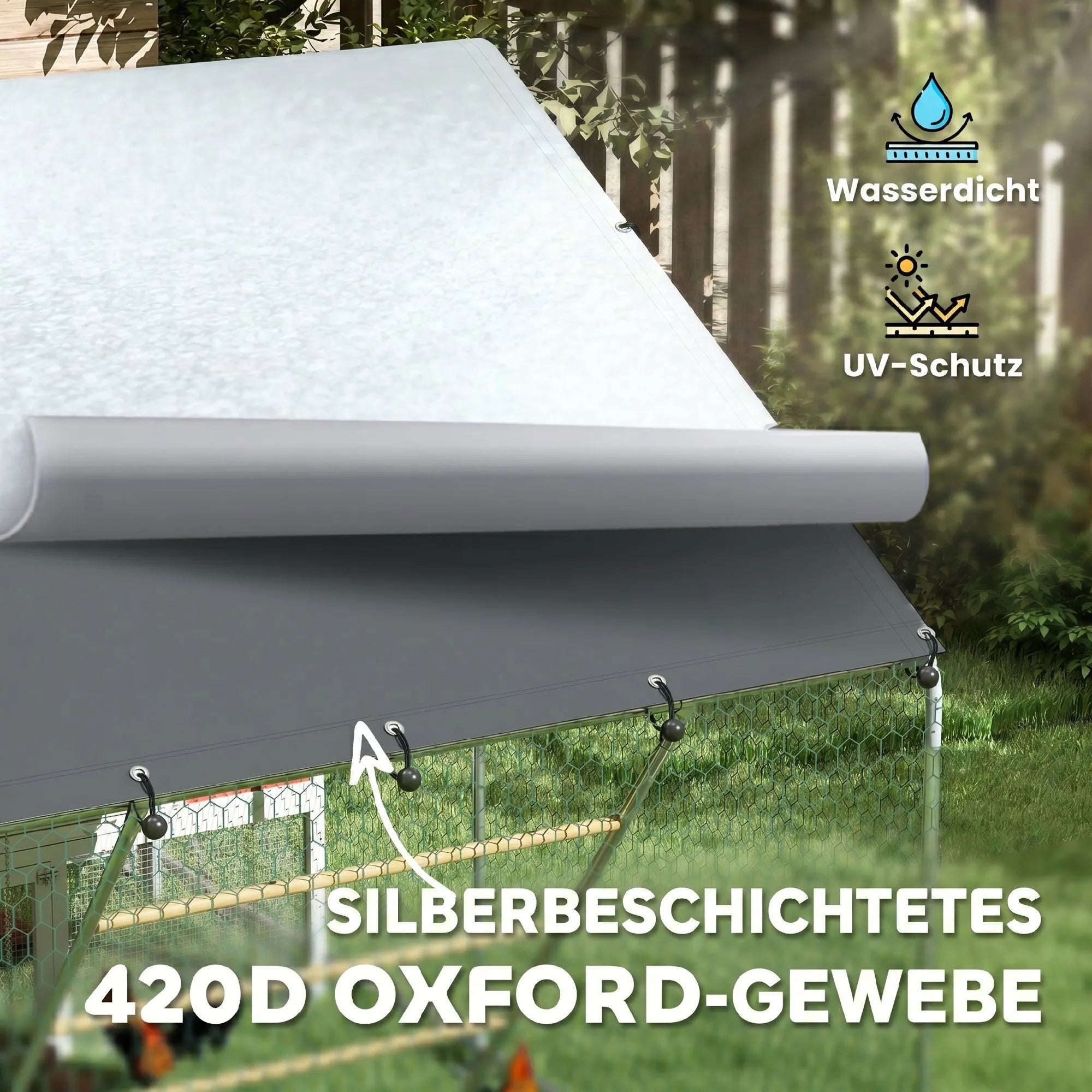 Vištidė su voljeru, 6 m², su stogeliu ir lesyklomis, sidabrinė