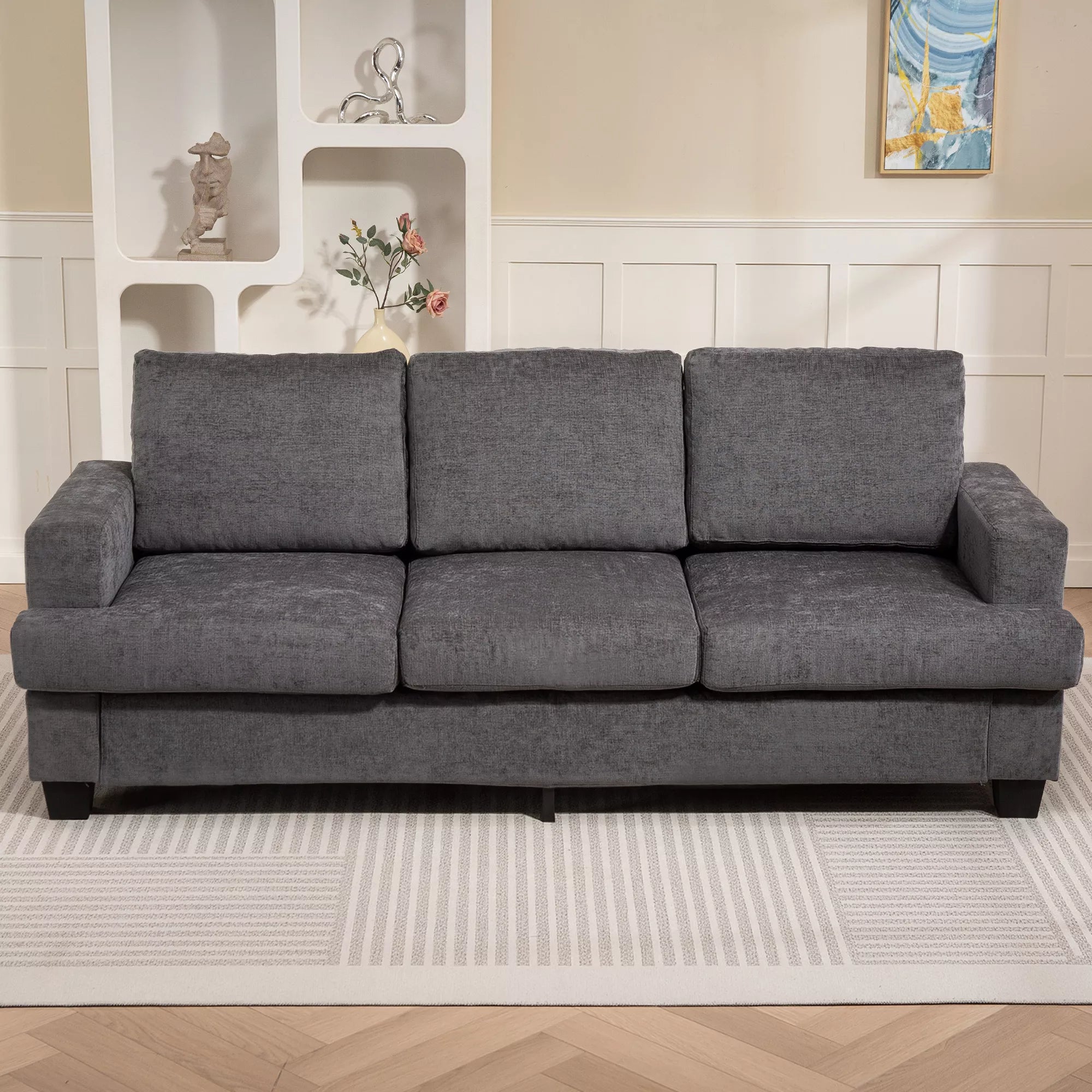 Trivietė sofa, poliesterio apmušalas, pilka