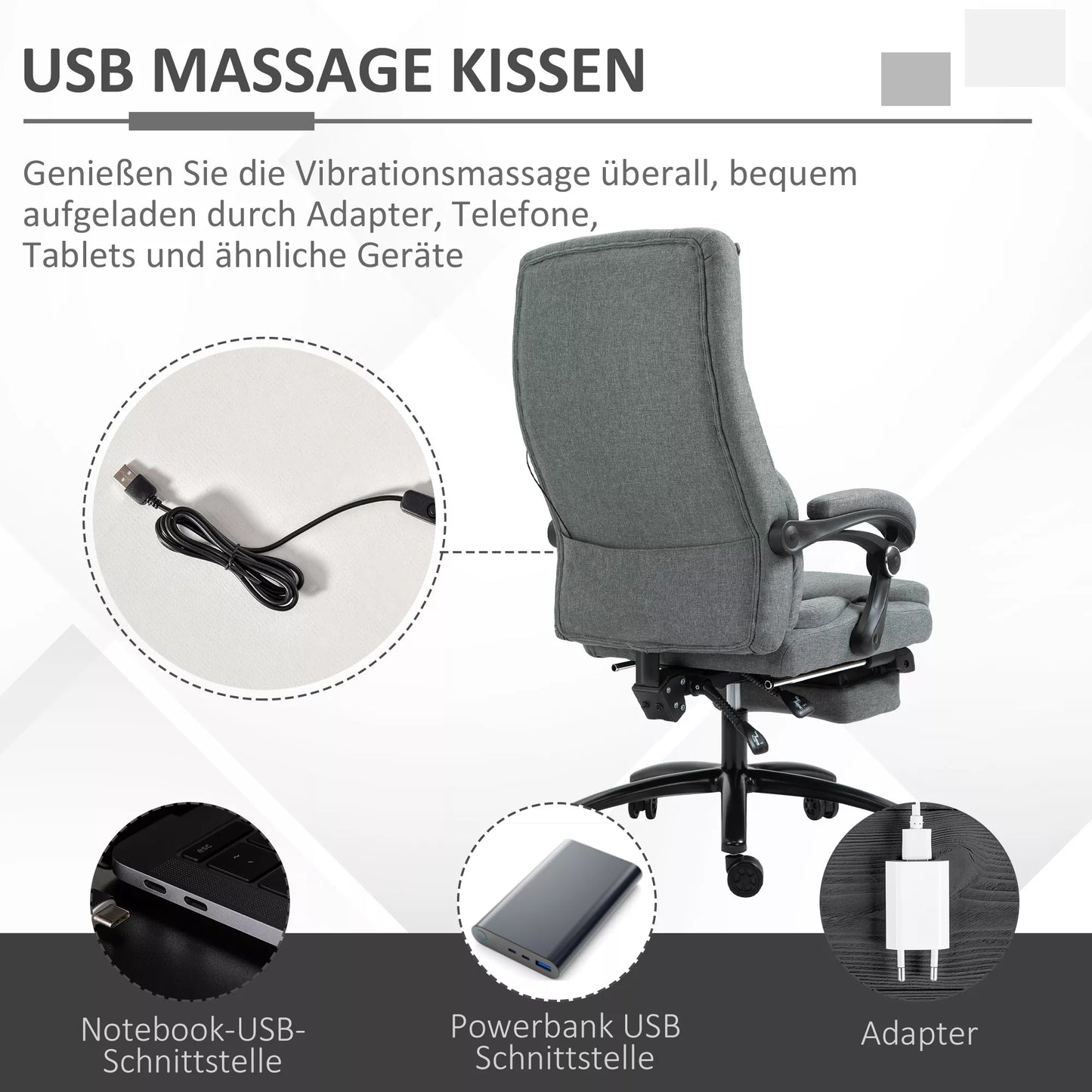 Masažinė biuro kėdė, aukščio reguliavimo vadovo kėdė, žaidimų kėdė su kojų atrama ir masažo funkcija, ergonomiškas pasukamas krėslas, masažinis fotelis, lino pojūtis, pilka, 64 x 74 x 109-117 cm