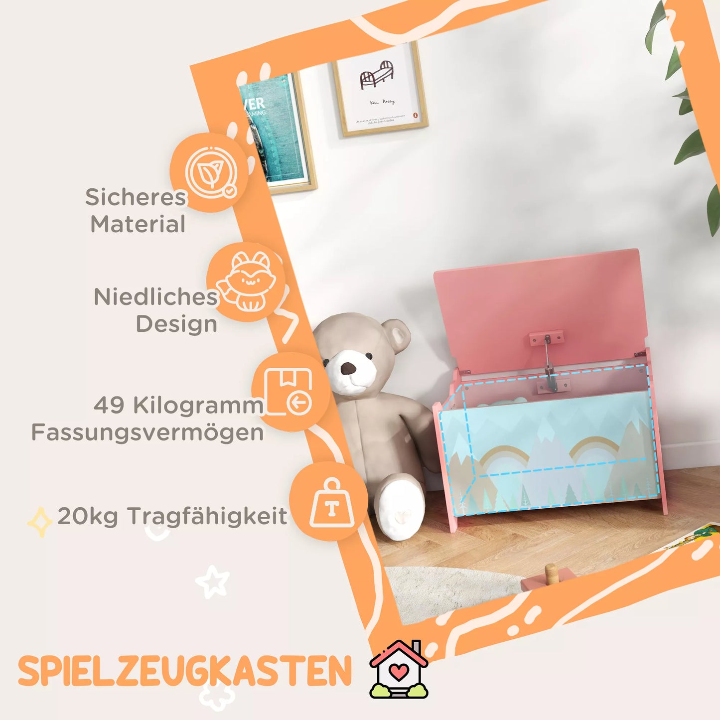 Laikymo dėžė su daiktadėže, žaislų dėžė su saugiu dangčio vyriu, mielas gyvūnėlio dizainas, 60 x 37 x 39 cm, rožinė