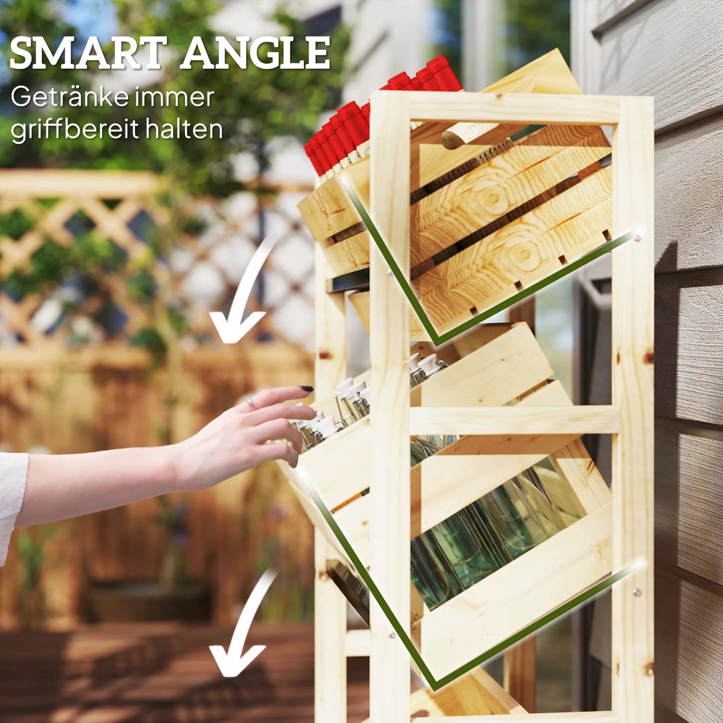 Medinė lentyna 3 gėrimų dėžėms, 3 pakopų, natūrali mediena, 56 x 32 x 112 cm