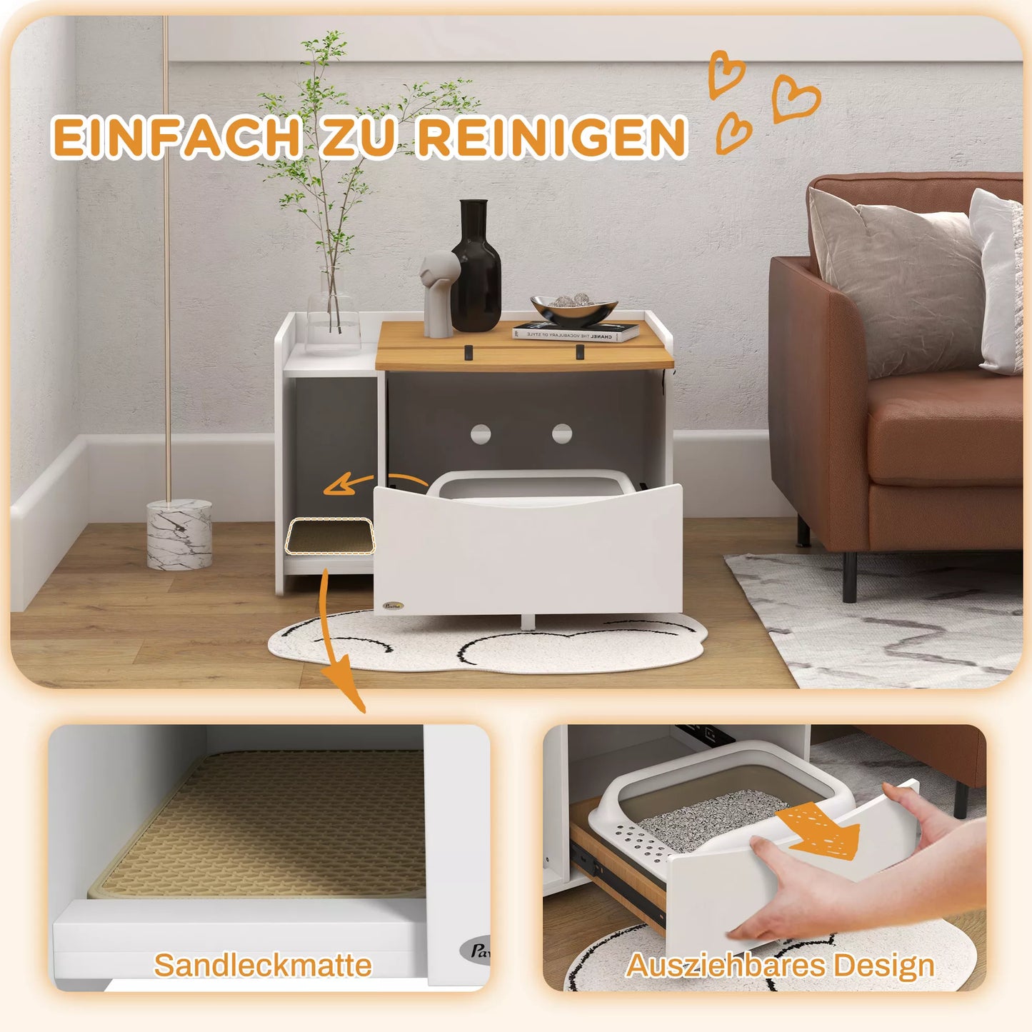 Kačių tualetas, ištraukiamas, spintelės dizainas, su kraiko padėklu, 78x50x51cm, Ąžuolas/Balta