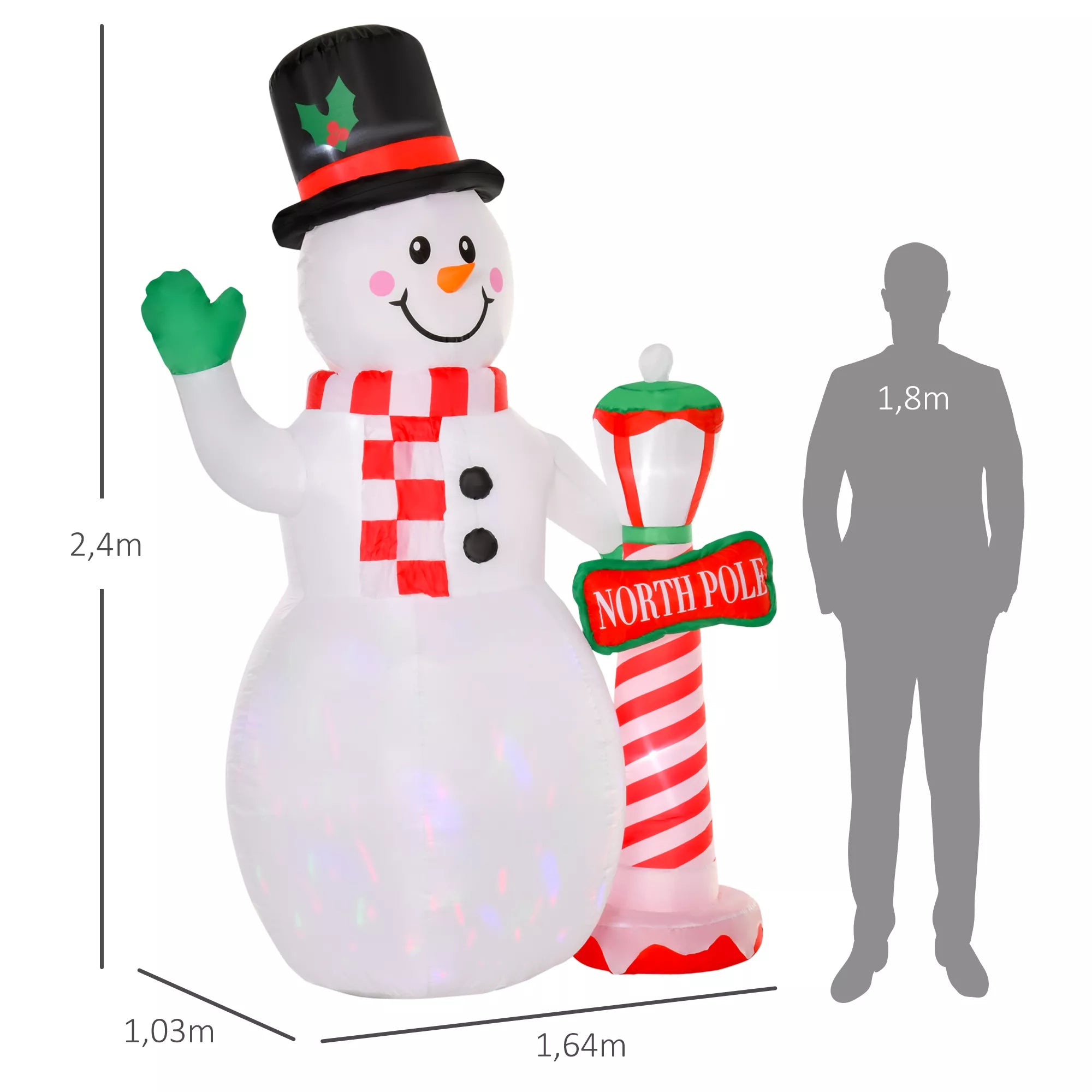 Kalėdinė dekoracija, pripučiamas sniego senis, 2,4 m, LED apšvietimas, pūstuvas, baltas