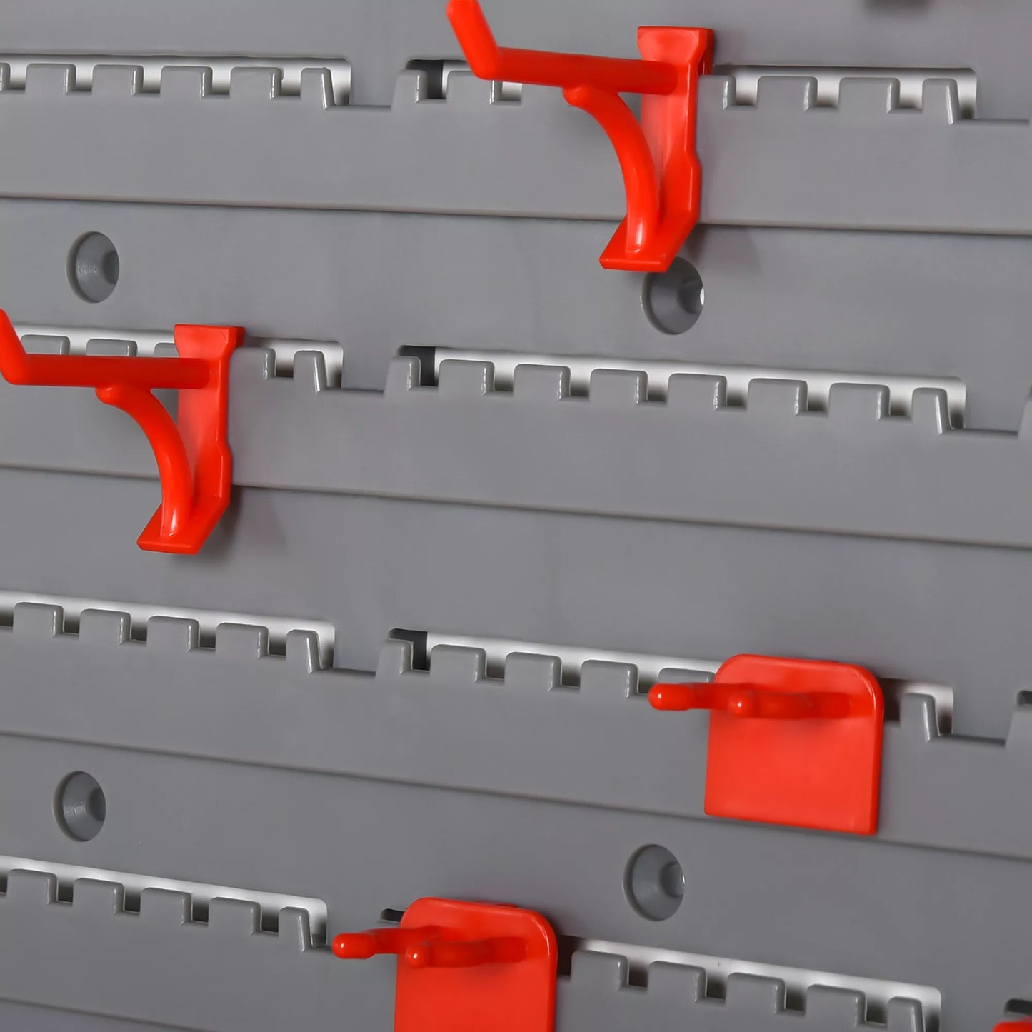 54 vnt. įrankių laikymo sienelė, sieninė lentyna, perforuota sienelė įrankiams, dirbtuvėms, atviri laikymo dėklai, kabliukų rinkinys, PP, pilka+raudona, 95,5 x 23 x 53,5 cm