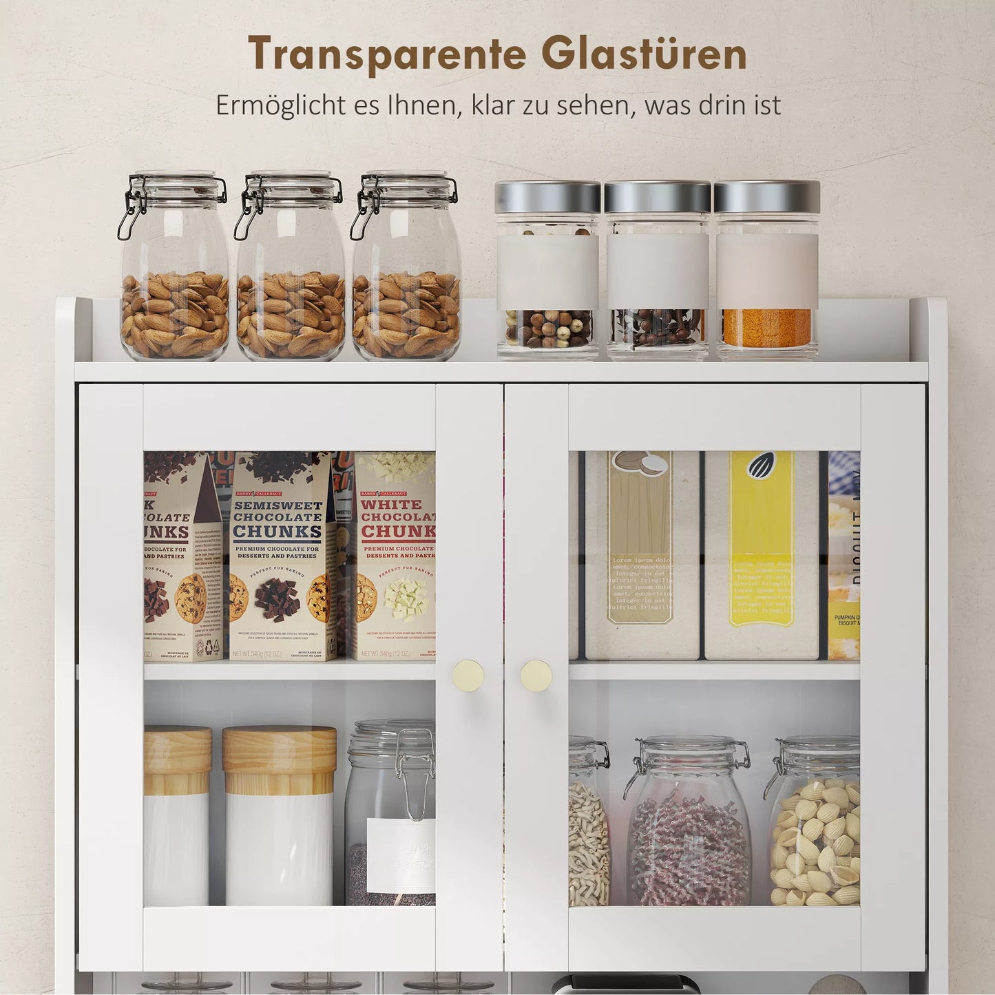 Virtuvės spintelė su darbo paviršiumi, vyno taurių laikiklis, sandėliavimo spintelė virtuvėje, valgomojo kambaryje, 170 cm, MDF, stiklas, balta