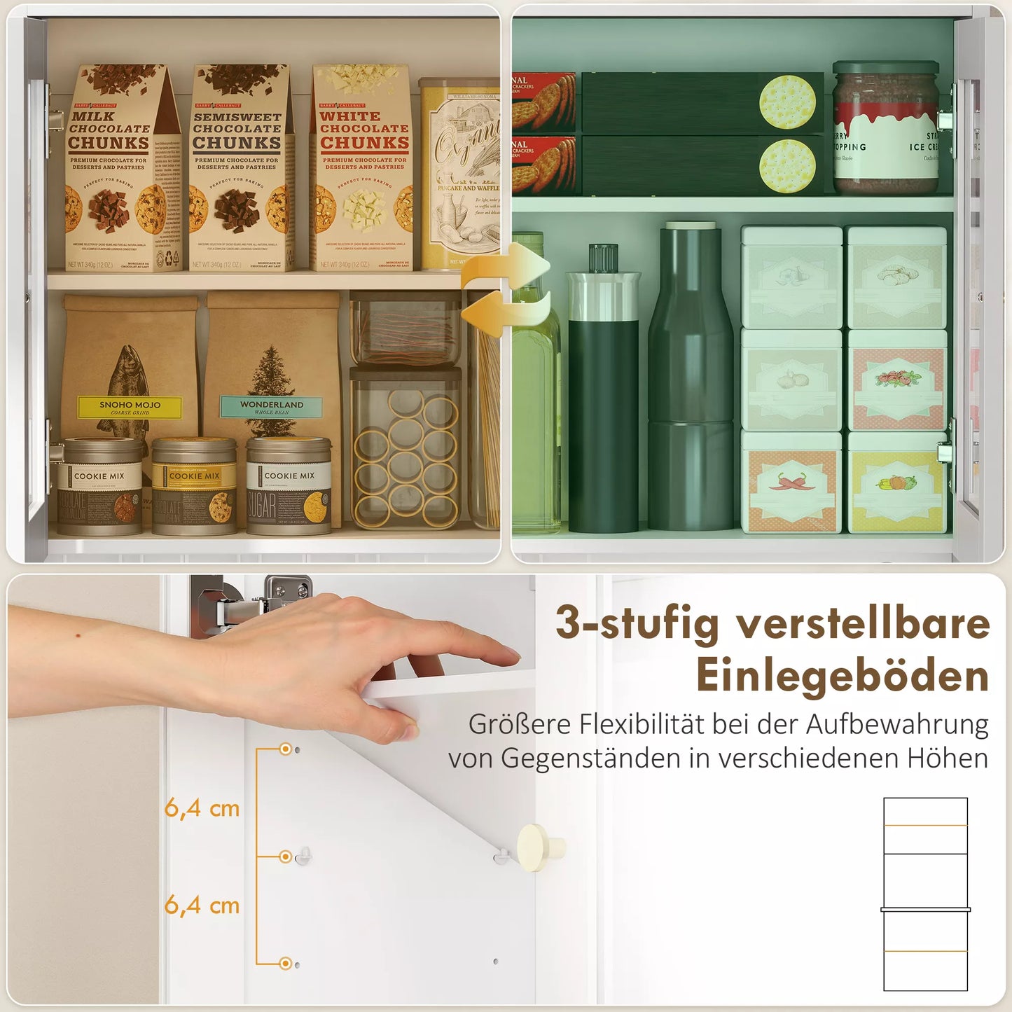 Virtuvės spintelė su darbo paviršiumi, vyno taurių laikiklis, sandėliavimo spintelė virtuvėje, valgomojo kambaryje, 170 cm, MDF, stiklas, balta