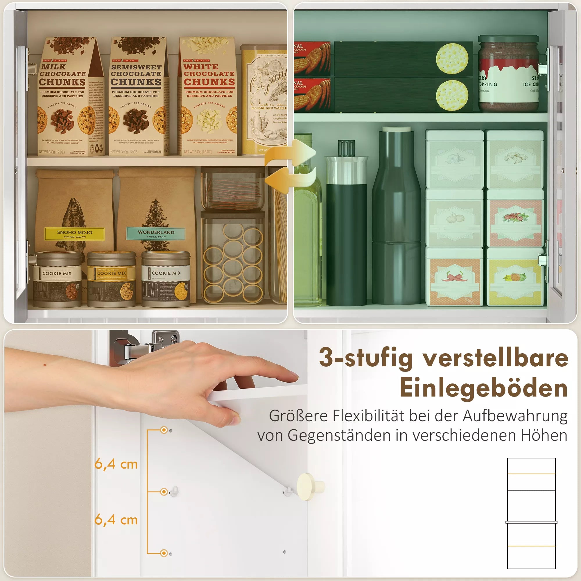 Virtuvės spintelė su darbo paviršiumi, vyno taurių laikiklis, sandėliavimo spintelė virtuvėje, valgomojo kambaryje, 170 cm, MDF, stiklas, balta