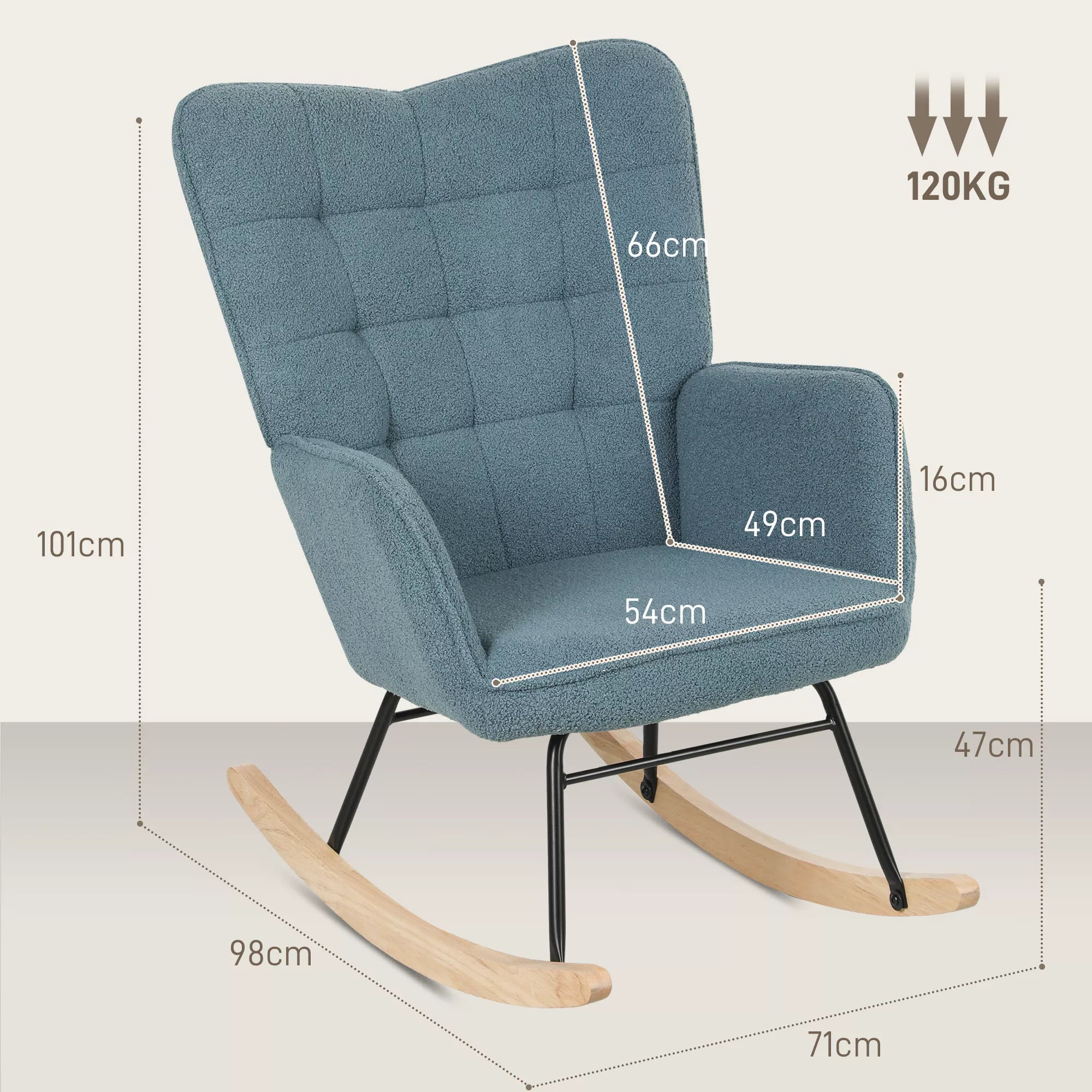 Sūpynės kėdė, ergonomiška forma, tikros medžio kojos, iki 120 kg, šviesiai mėlyna