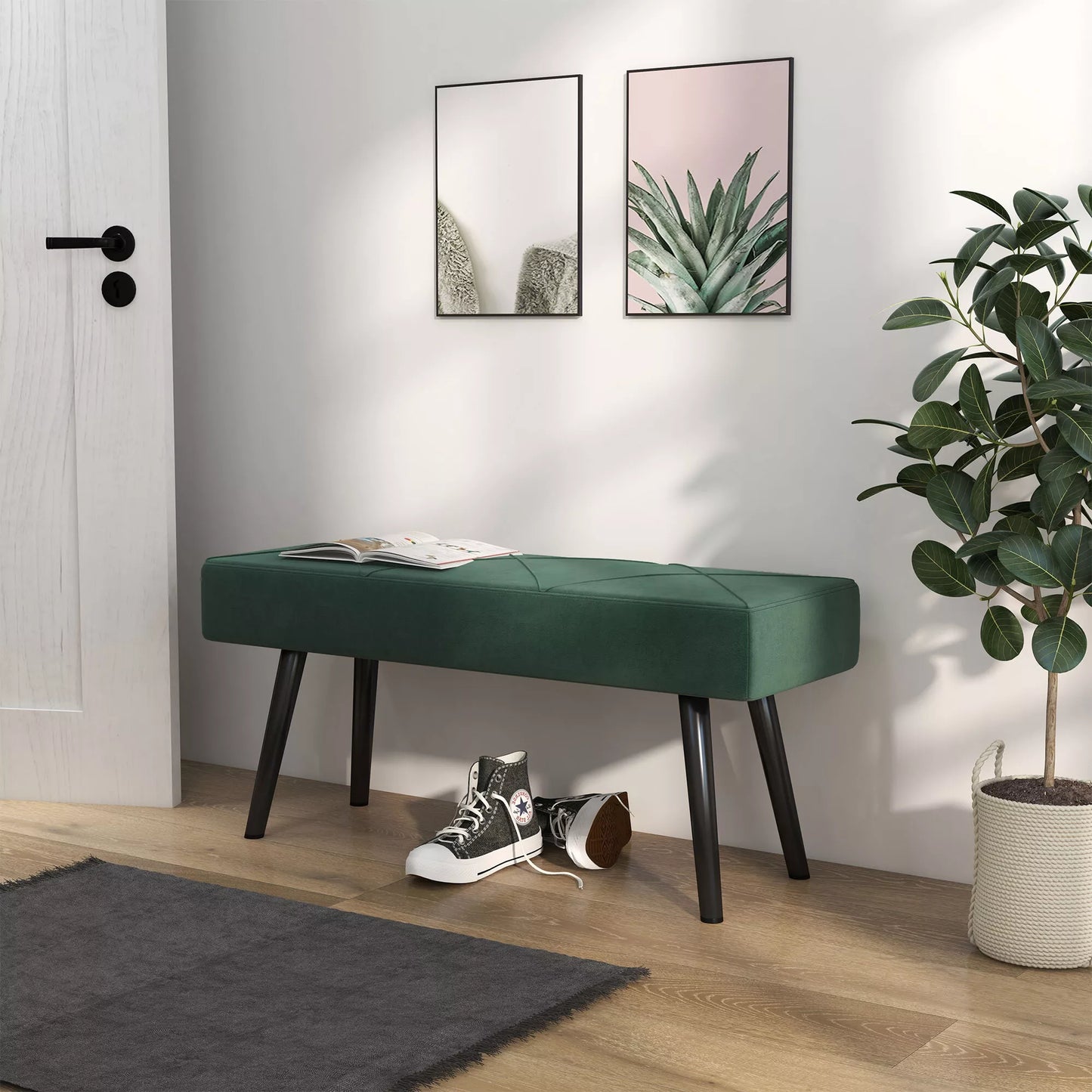 Sėdimasis suoliukas, minkštas suoliukas, suoliukas prie lovos, zomšo išvaizda, 100 x 36 x 45 cm, žalias