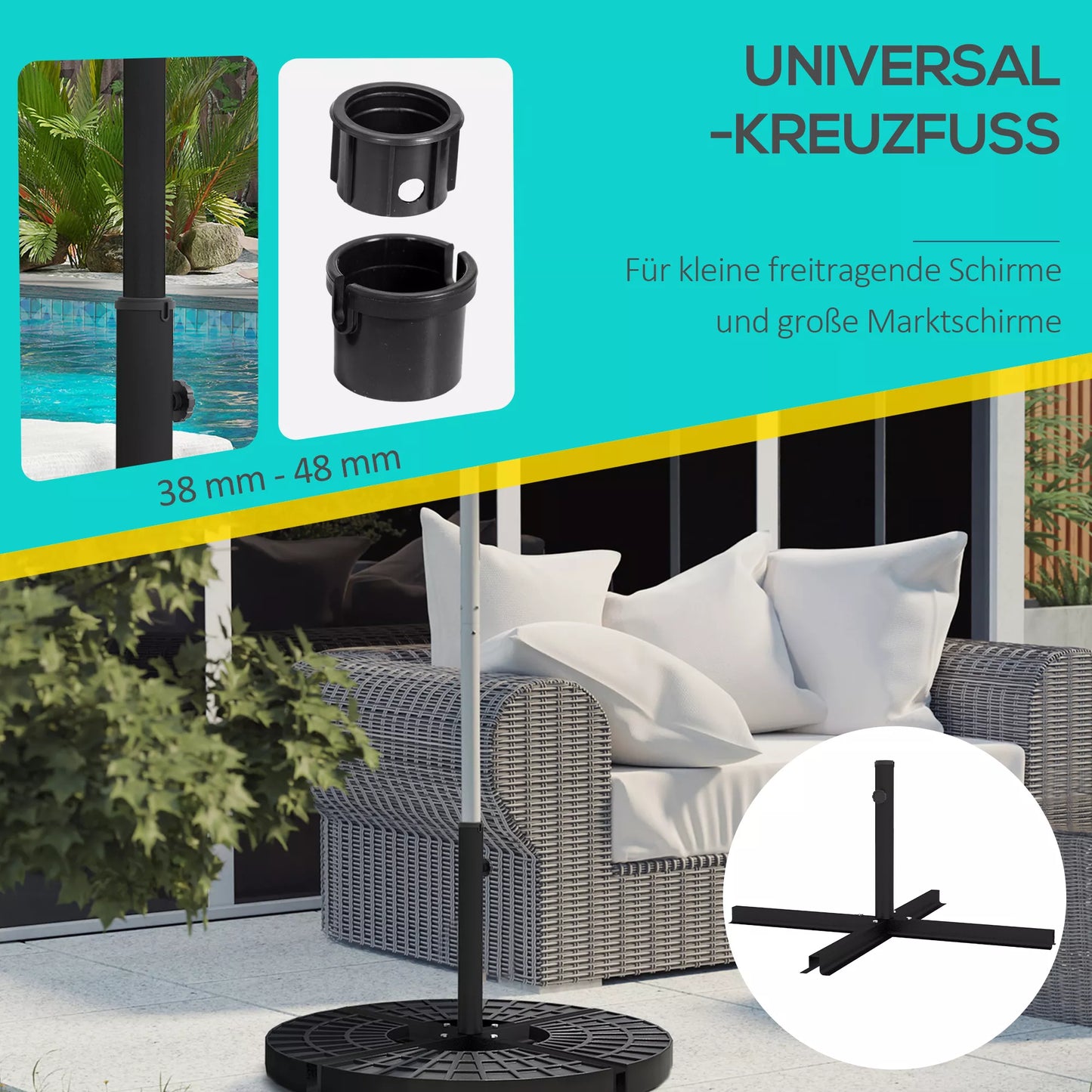 Skėčių stovas Skėčių stovas su kryžminiu pagrindu, atsparus atmosferos poveikiui, 100 x 100 x 75 cm, juodas