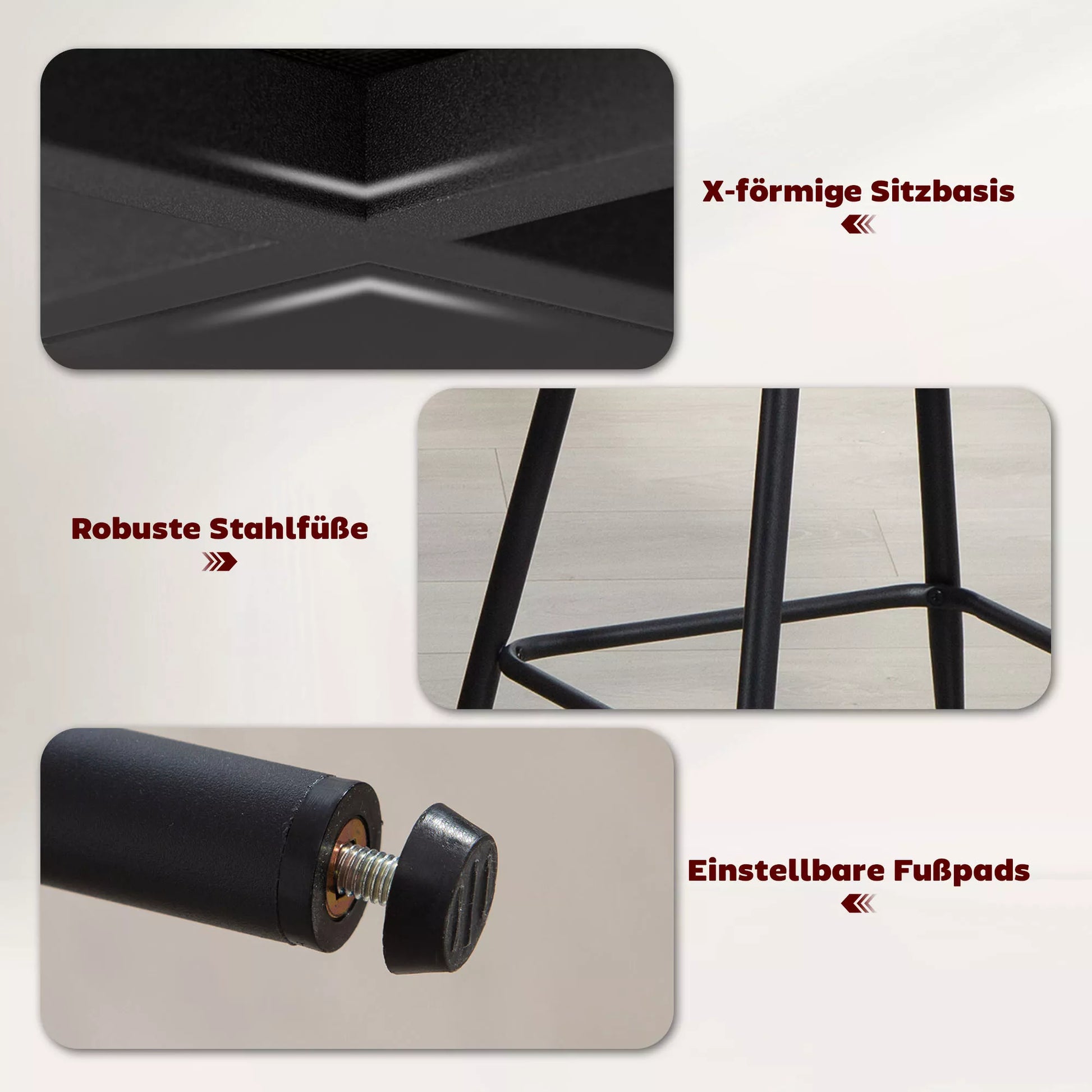 2 vnt. komplektas baro taburečių su atlošu ir atrama kojoms, paminkštintos kėdės su plieninėmis kojelėmis virtuvės salai, valgomajam, smėlio spalvos