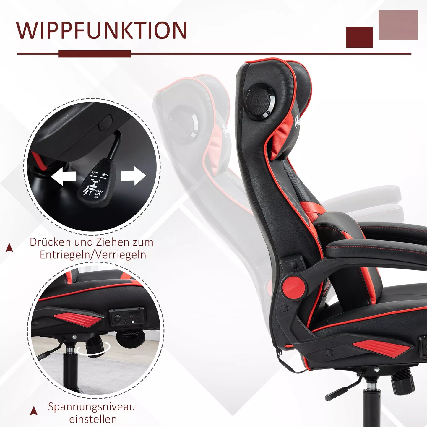 Žaidimų kėdė, integruoti garsiakalbiai, atlošiama nugarėlė, juoda+raudona, 69 x 73 x 118cm