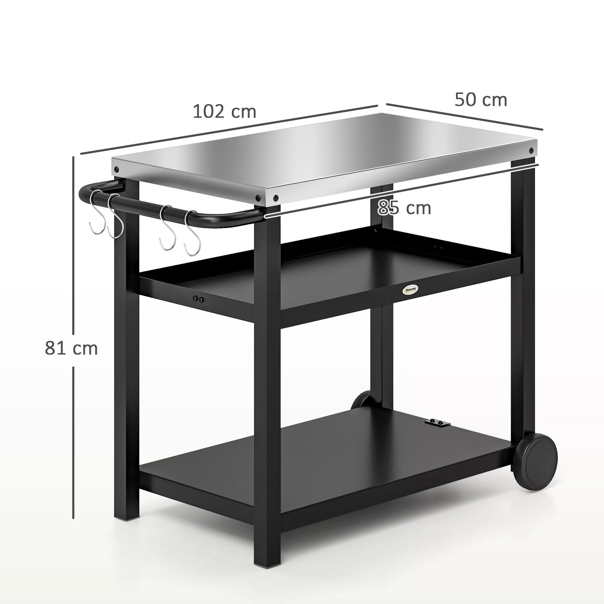 Grillwagen 3-Etagen Servierwagen mit Arbeitsfläche Ablagen Haken Räder, Edelstahl 102x50x81cm Kohlegrau