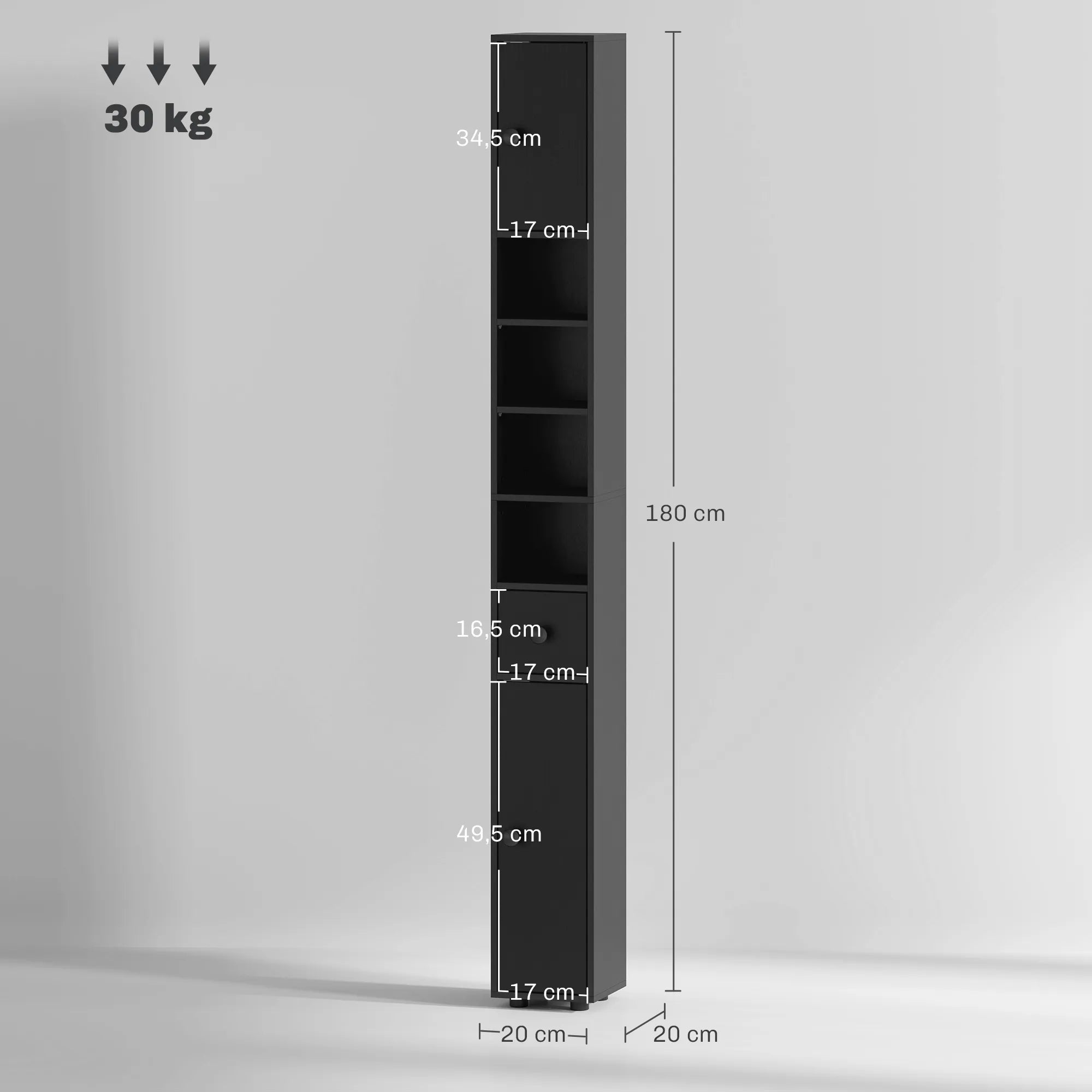 Vonios spintelės matmenų schema: 180 cm aukštis, 30 kg apkrova