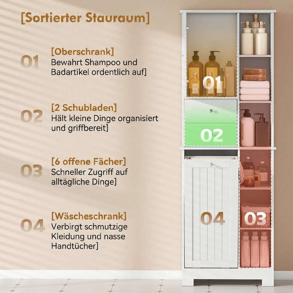Vonios spintelė su skalbinių krepšiu, 6 lentynomis ir 2 stalčiais, balta