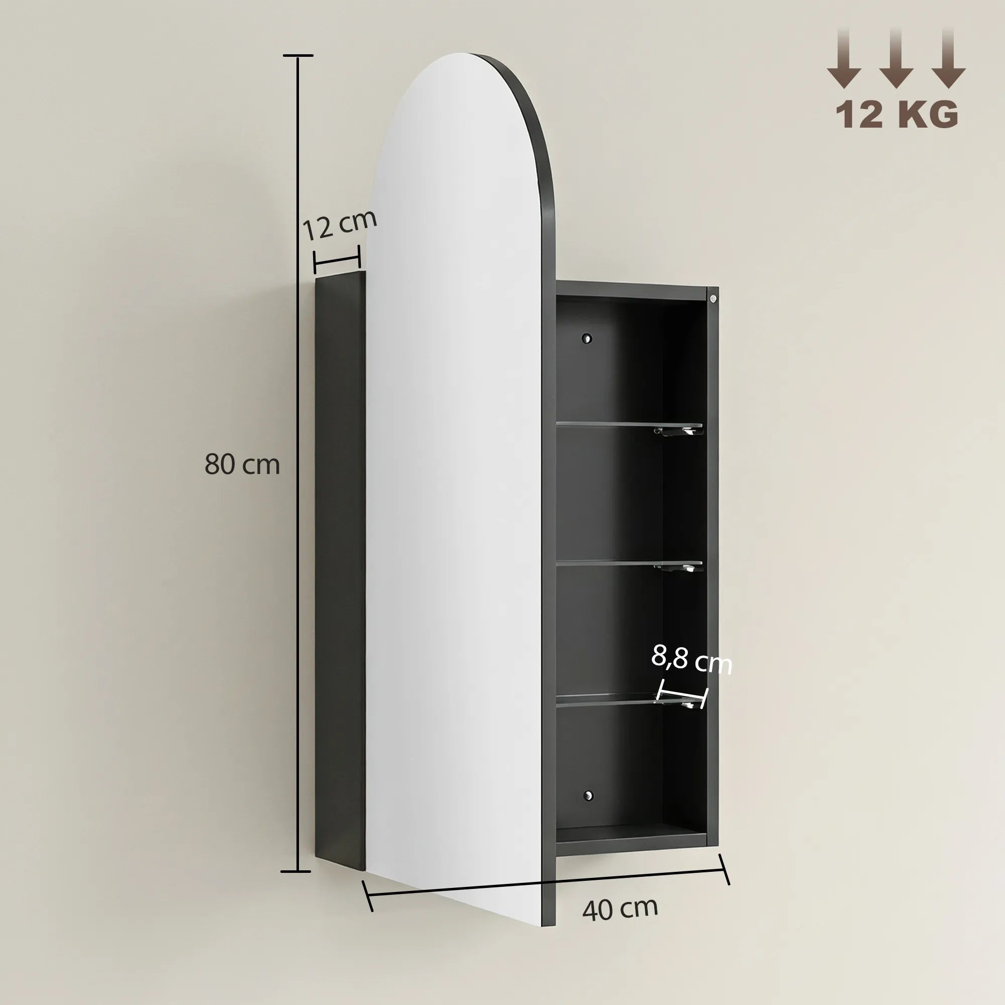 Spintelės matmenys pavaizduoti schemoje: 40×12×80 cm, didžiausias svoris 12 kg
