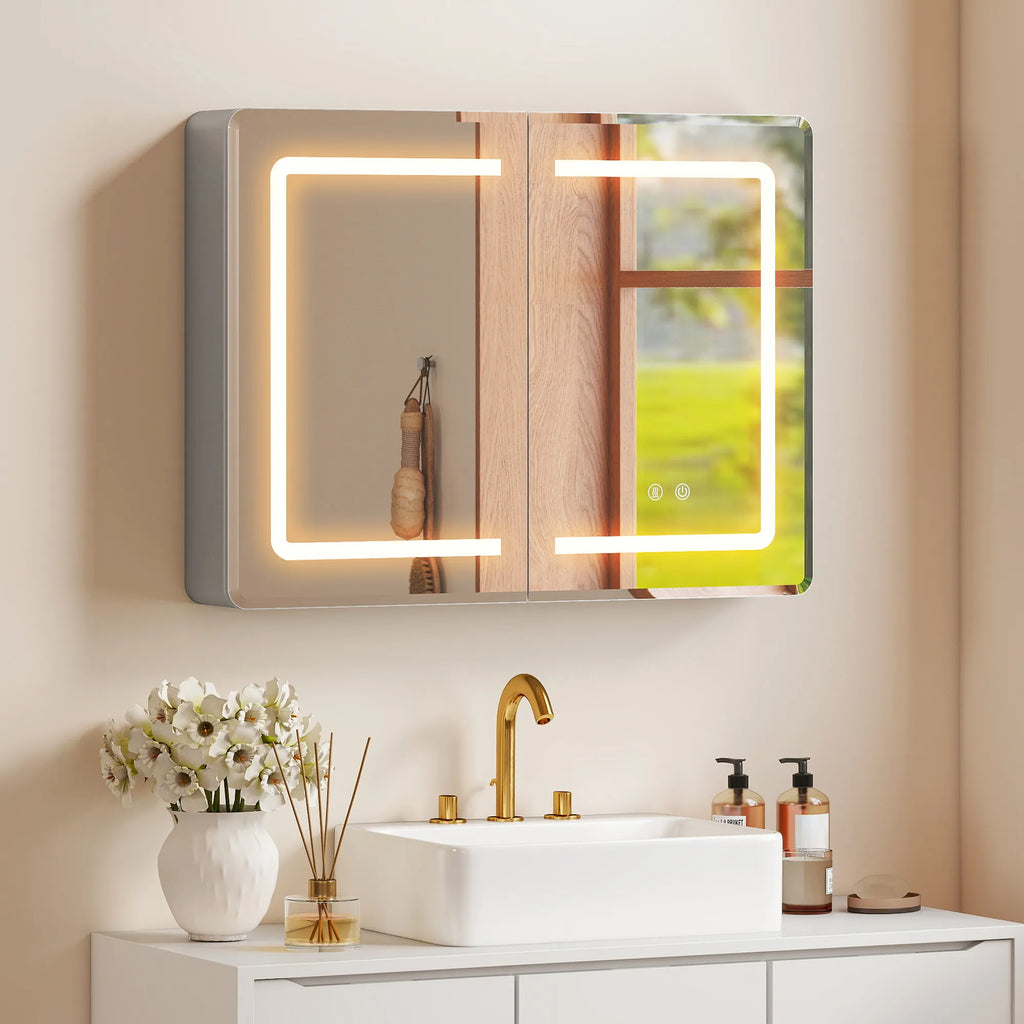 Vonios spintelė su veidrodžiu, LED apšvietimu, 60 × 80 cm, nuo rasojimo, 3 pakopų