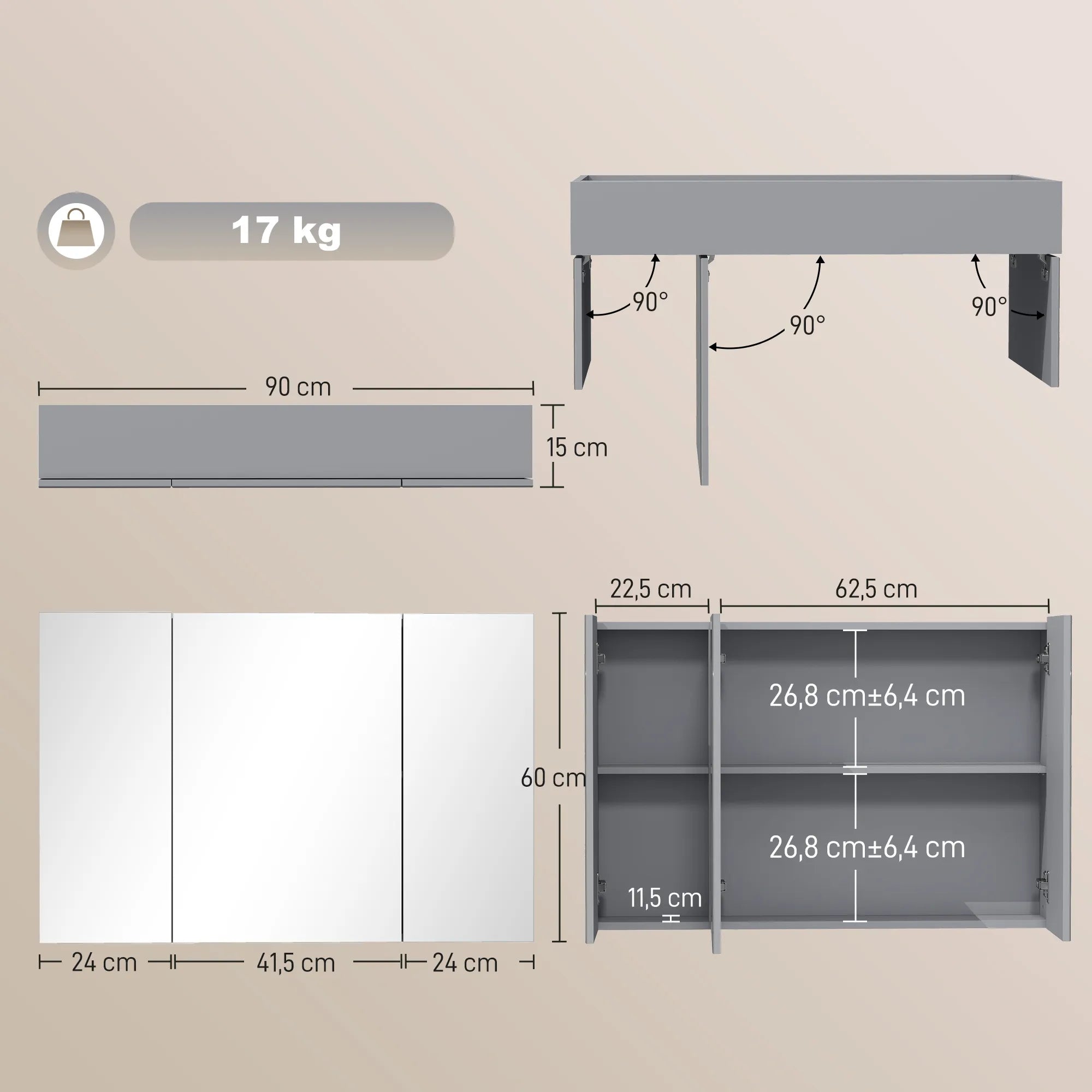 Vonios spintelės matmenų schema centimetrais ir svoris 17 kg