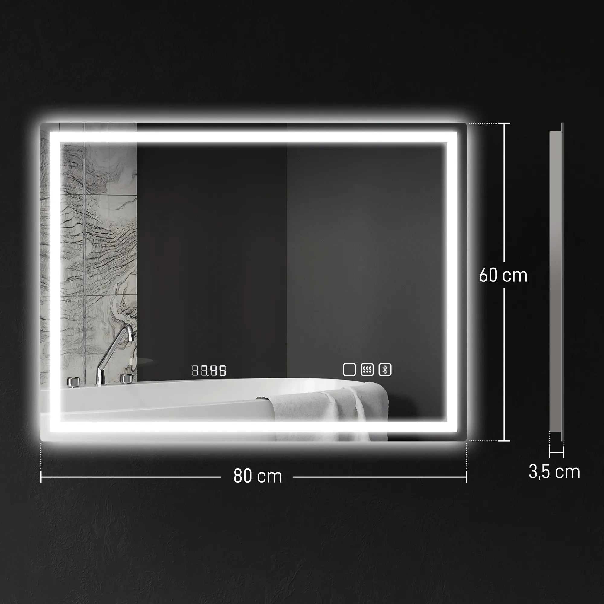 Vonios veidrodis su LED apšvietimu, Bluetooth ir laikrodžiu 60 x 80 cm, sidabrinės spalvos