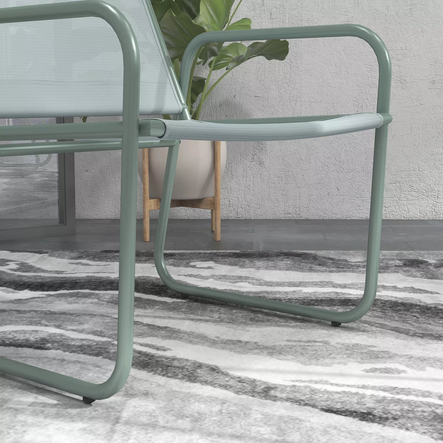 3 dalių sodo baldų komplektas, 2 kėdės su kvėpuojančiu audinio užvalkalu, 1 apvalus stalas Ø60 cm, žalias.