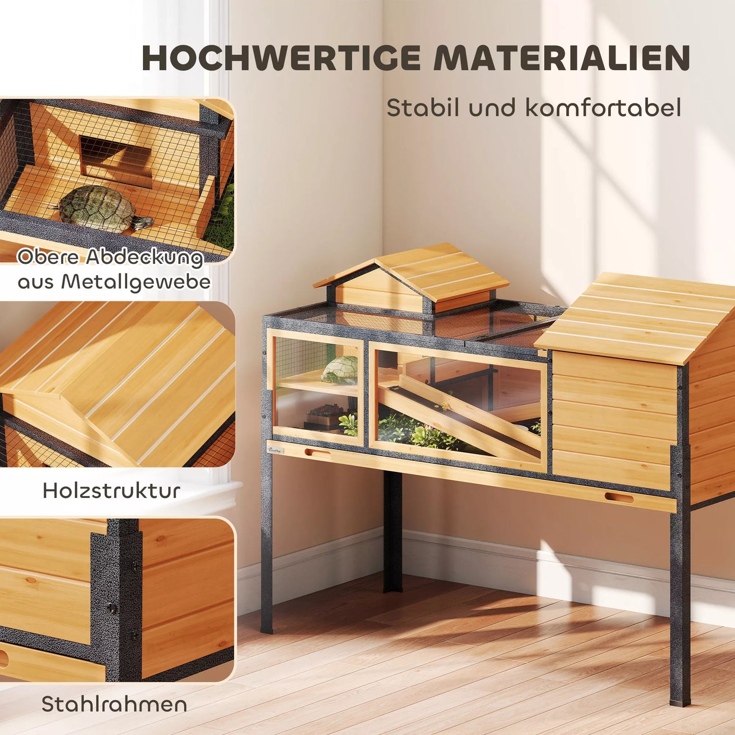 Vėžlių namelis, smulkių gyvūnų aptvaras, 2 kambariai, 2 aukštai, langai, rampos, priedai, mediena, plienas, geltona spalva