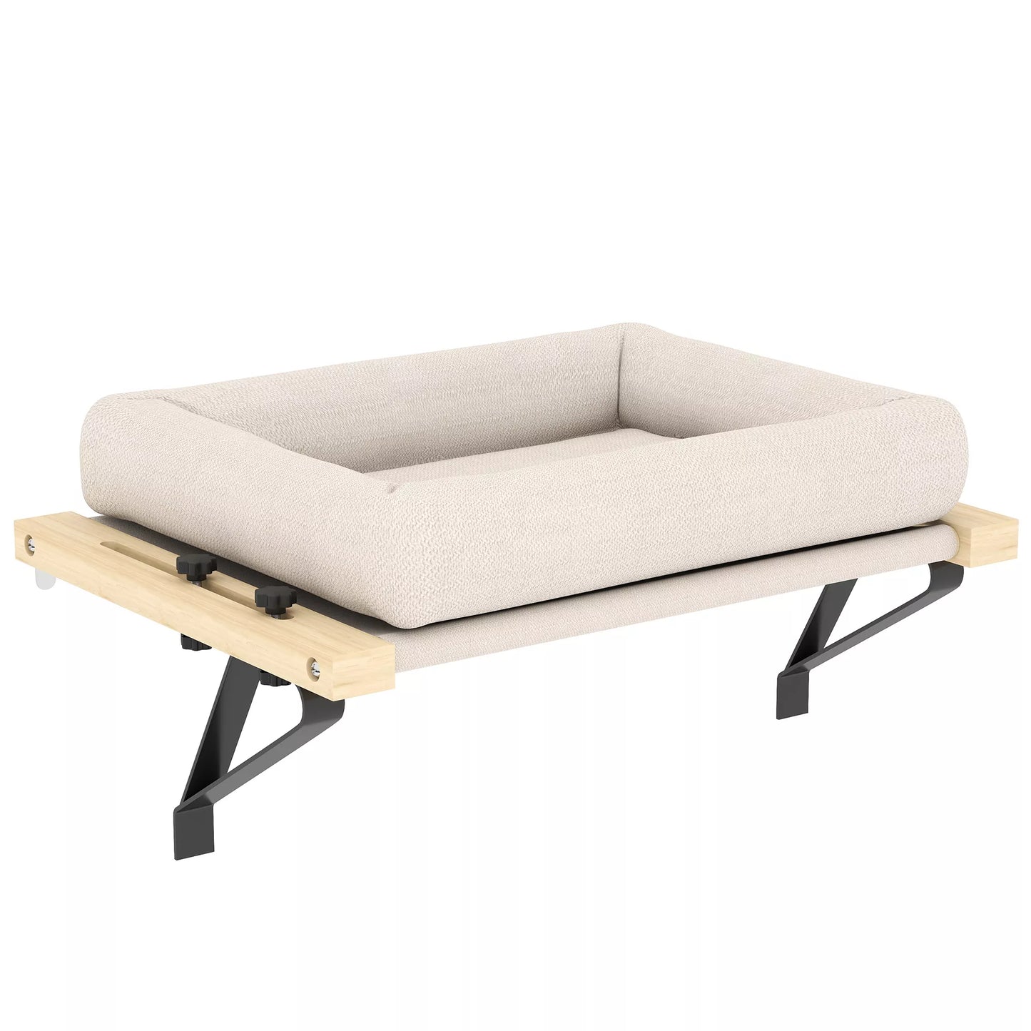 Kačių namelis su tvirtinimu ant palangių ir radiatorių, su pagalvėle, mediniu rėmu, baltas