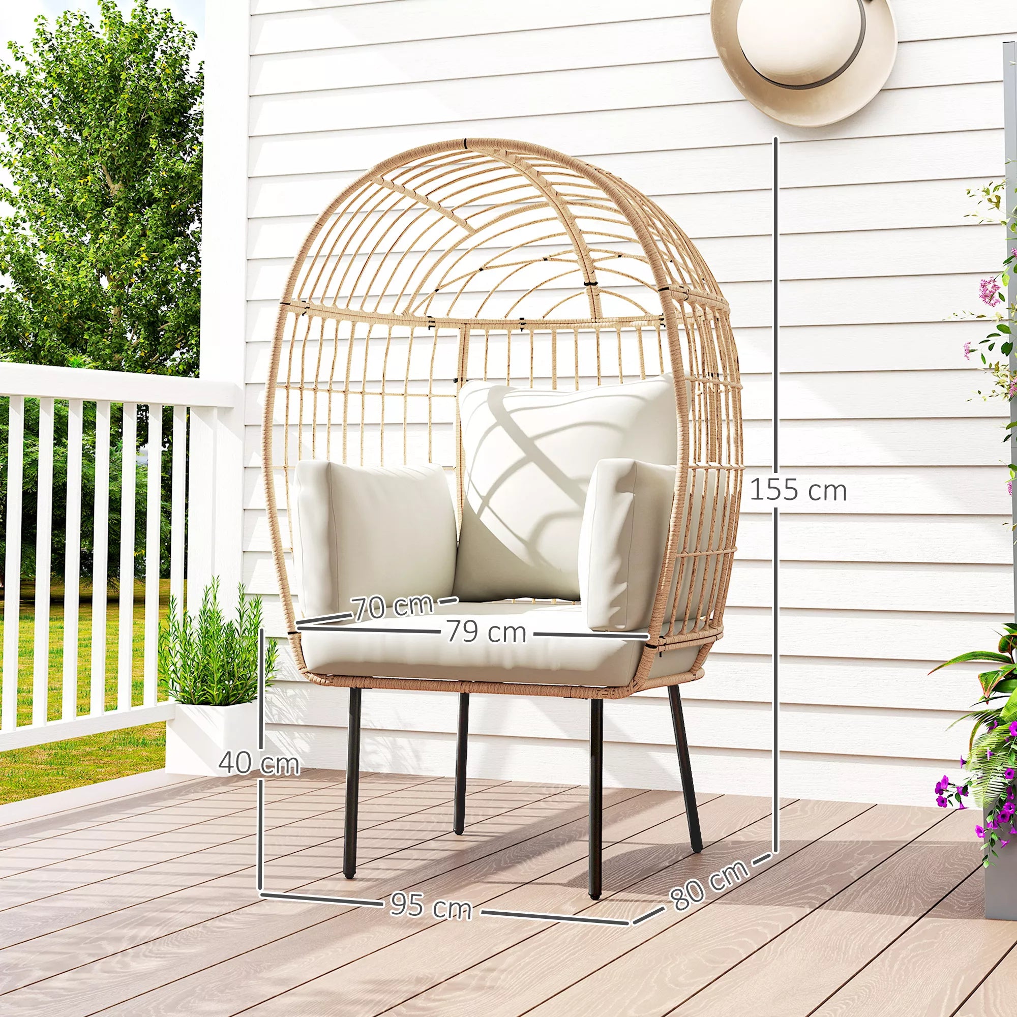 Rattan kėdė kiaušinio formos su nuimamu pagalvėle, apmušalu, lauko kėdė iš rotango 95 x 80 x 155 cm smėlio spalvos