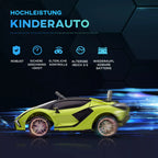 Žalias vaikų Lamborghini automobilis su savybių piktogramomis
