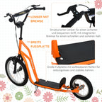 Oranžinis paspirtukas su vairo detale ir ergonomijos žyma