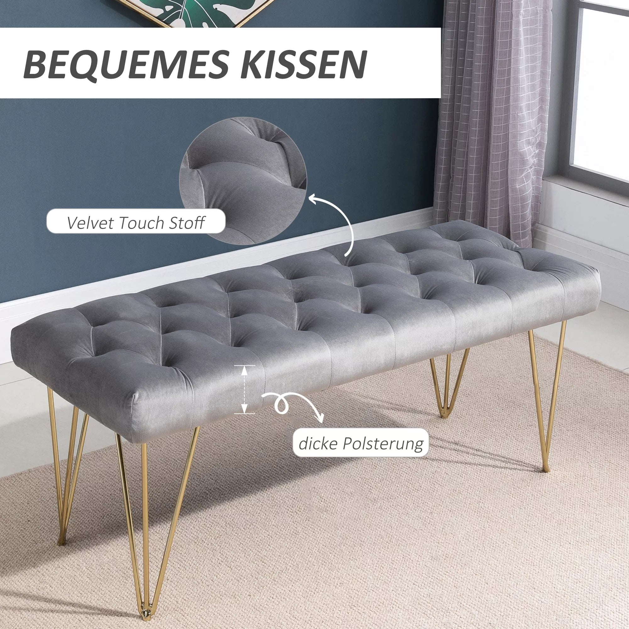 Sėdimoji sofa Minkšta sofa Pianino sofa Batų sofa su aksomo apmušalu Lovos sofa Pianino sofa miegamajam, svetainei, prieškambariui, metalinė, pilkos spalvos, 116 x 44,5 x 49 cm
