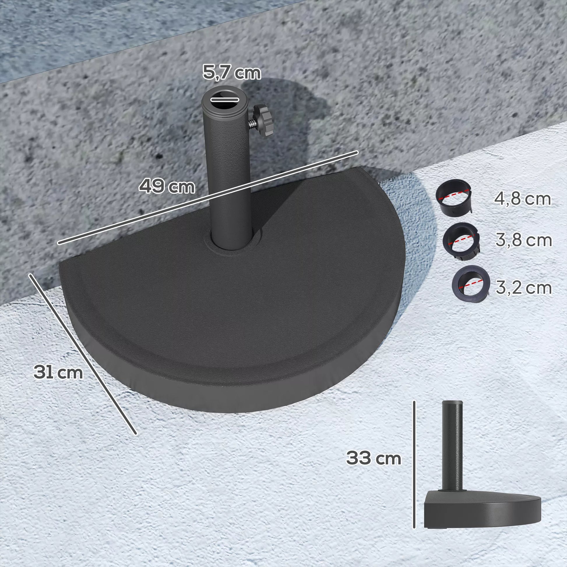 Pusapvalis betoninis saulės skėčio stovas, 32/38/48 mm kotui (pilkas)