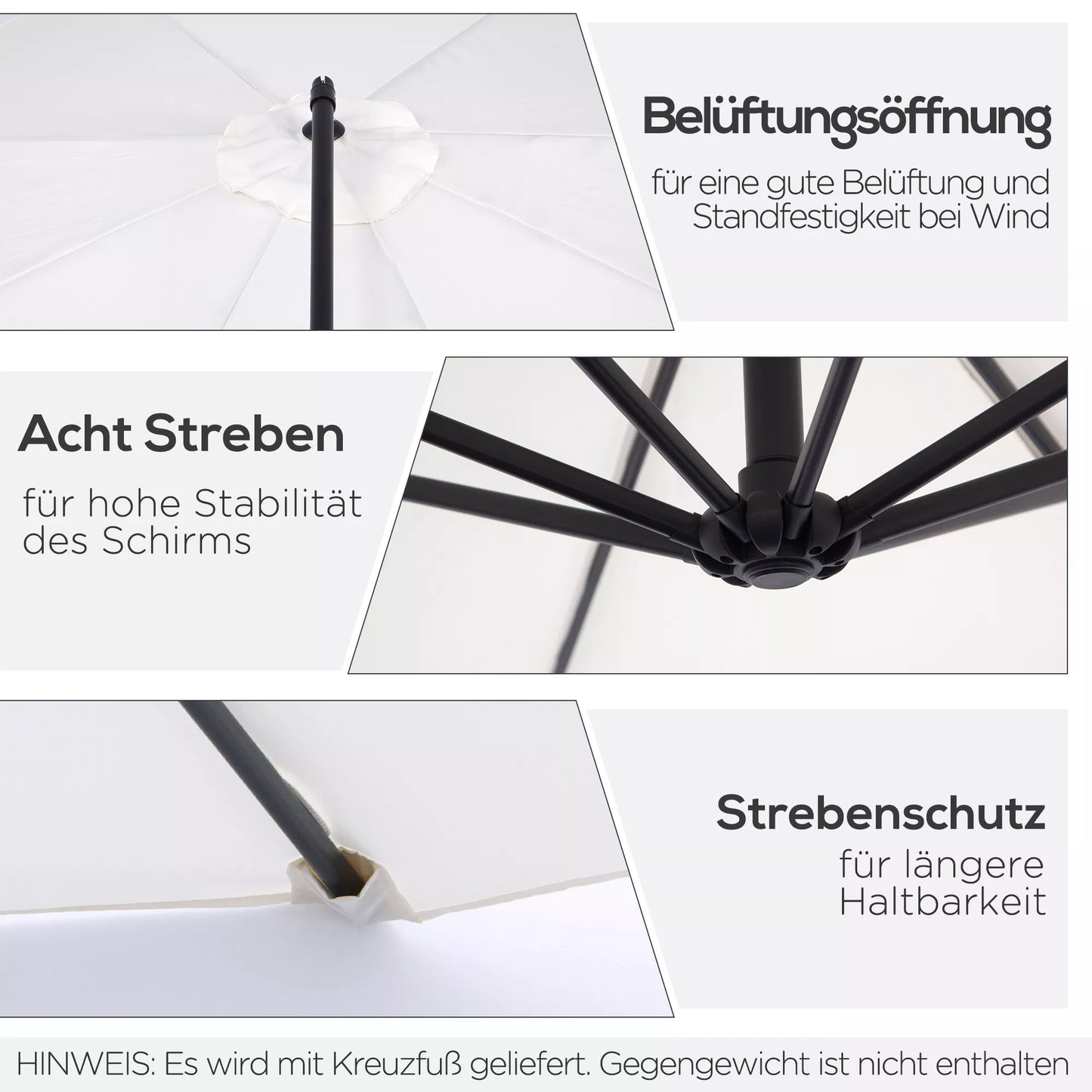 Skėtis nuo saulės su rankena, atsparus oro sąlygoms, 3 m x 3 m x 2,5 m, plienas, poliesteris