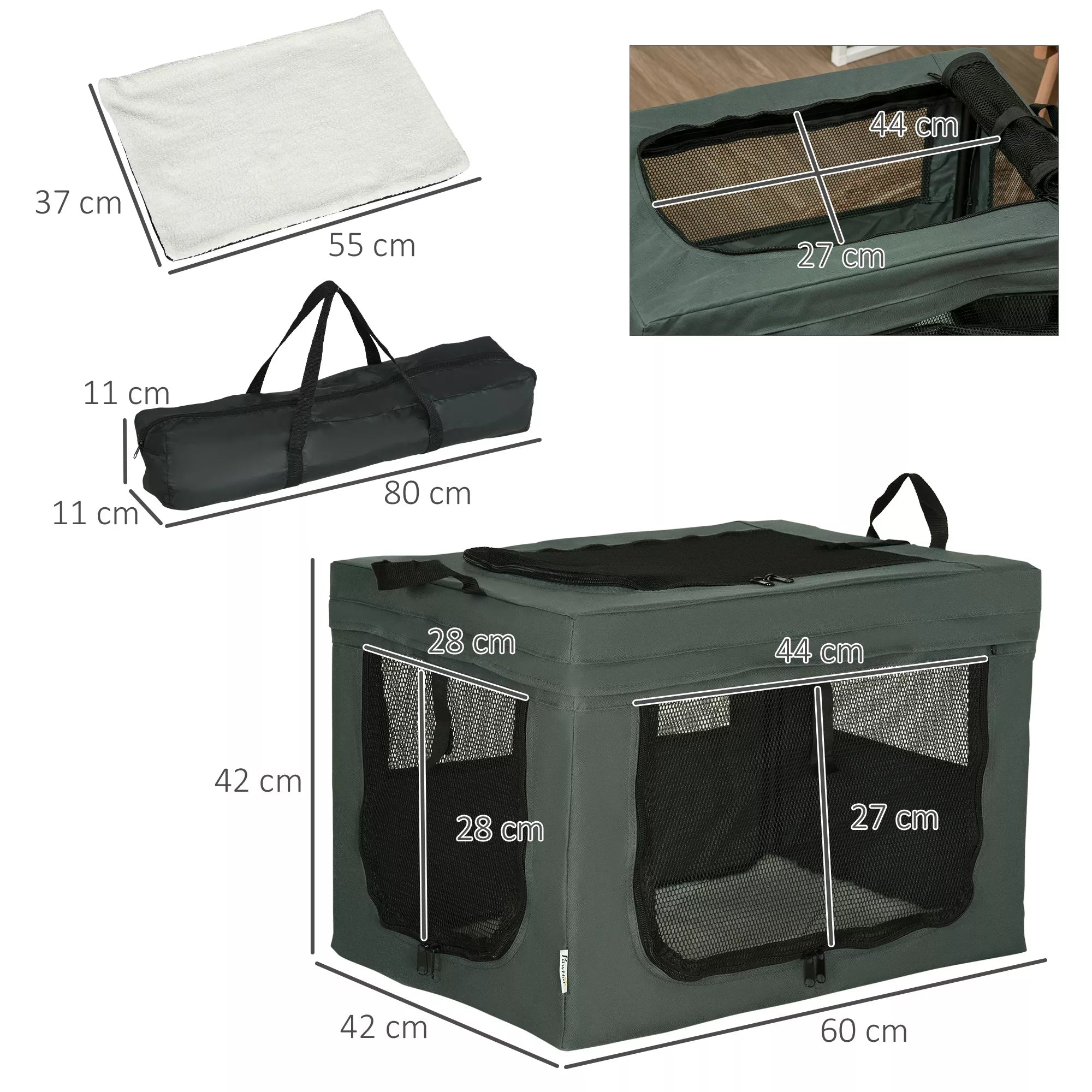 Sulankstoma transportavimo dėžutė, 3 įėjimai, su vidiniu čiužiniu, šunims ir katėms iki 4 kg/40 cm, pilka