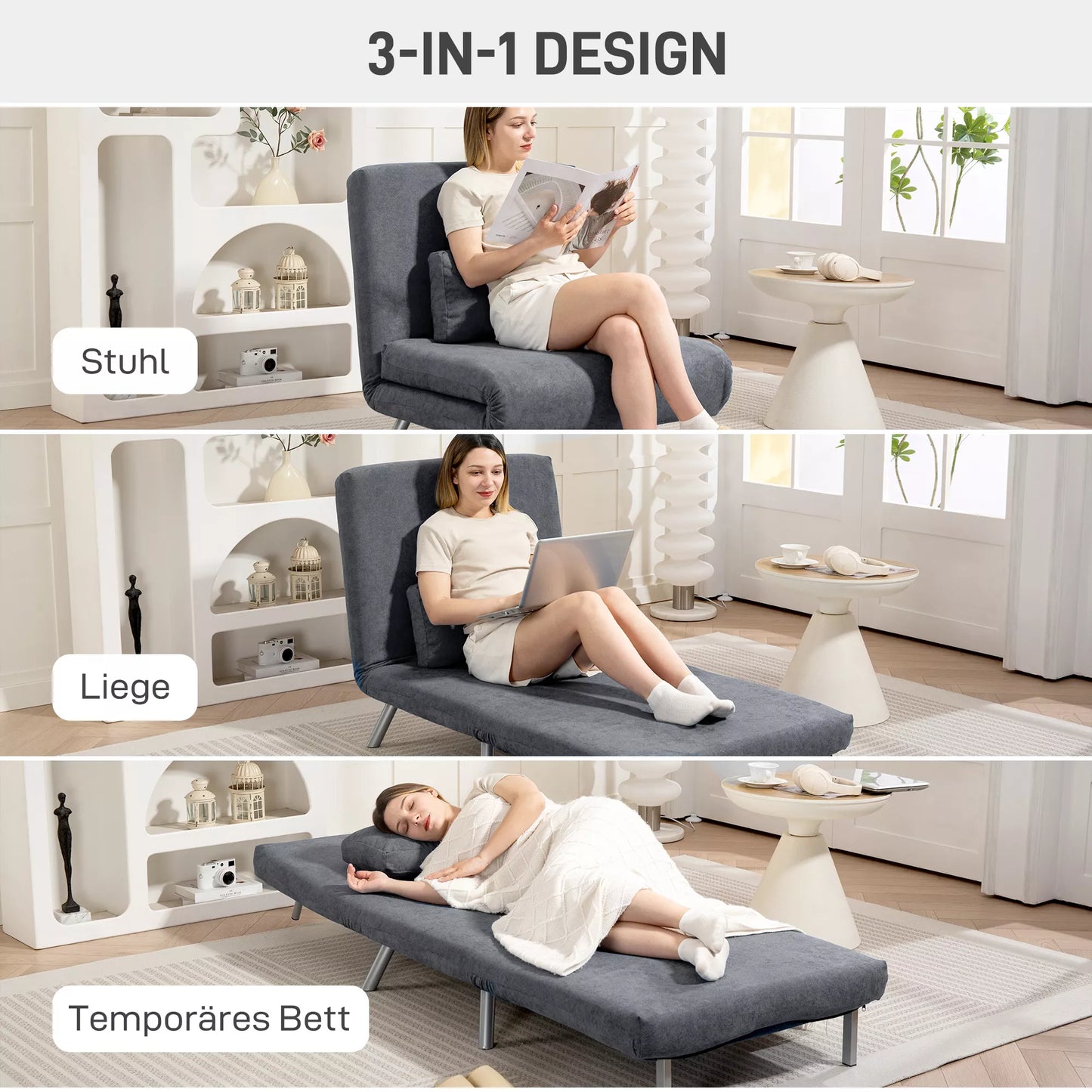 Minkštas fotelis su miegojimo funkcija, 3-in-1 dizainas, miegamasis fotelis, svečių lova, audinio užvalkalas, su pagalvėle, tamsiai pilkas