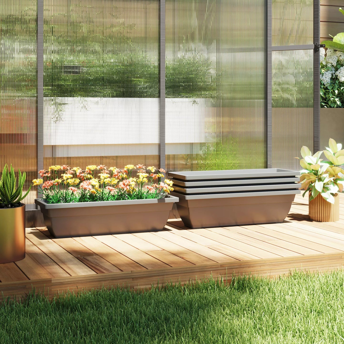 5 vnt. rinkinys plastikinių vazonų, augalų konteinerių terasai, sodui, balkonui, 59 x 21 x 16 cm, Pilka