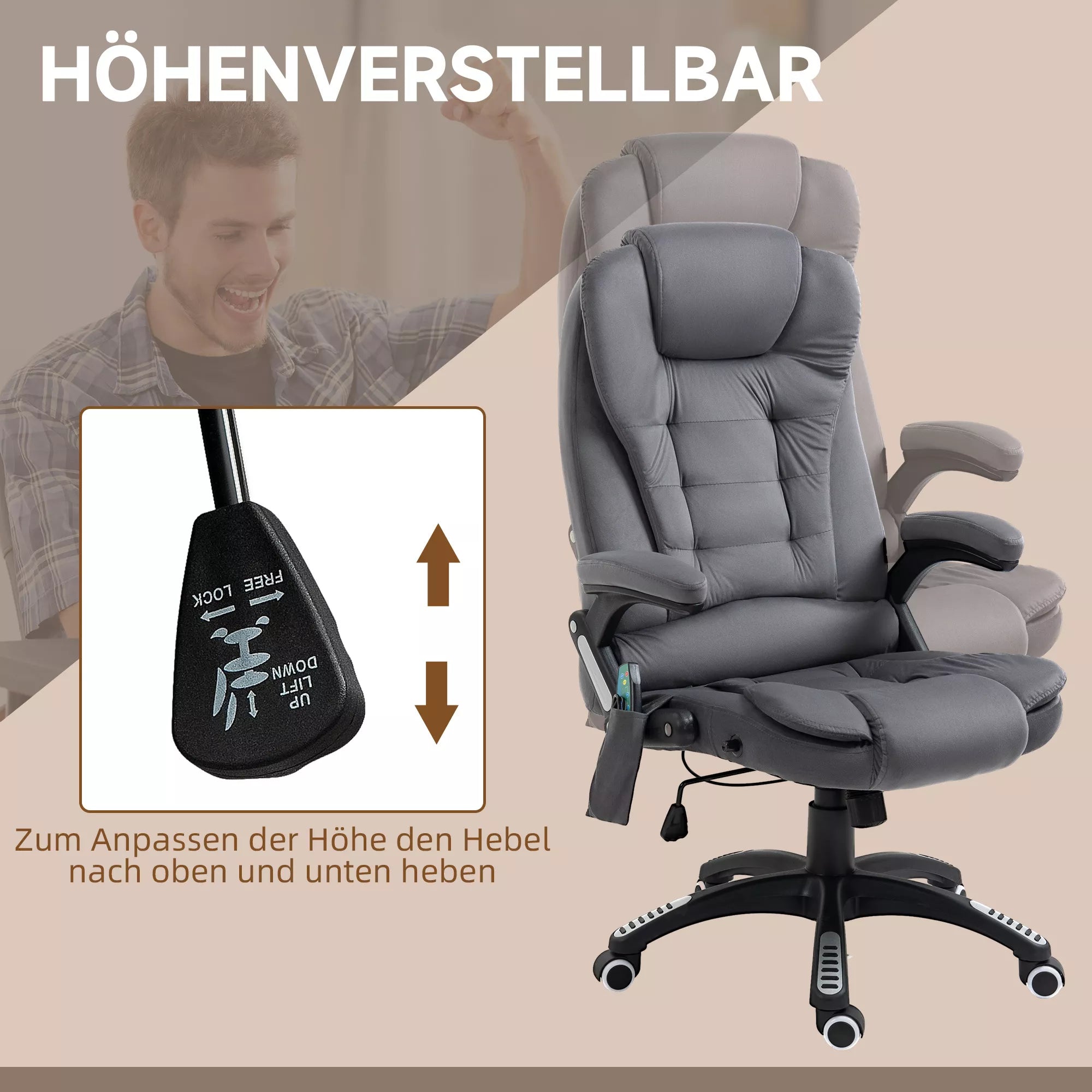 Vinsetto Biuro kėdė su masažo ir šildymo funkcija, ergonomiška, reguliuojamo aukščio, tamsiai pilka