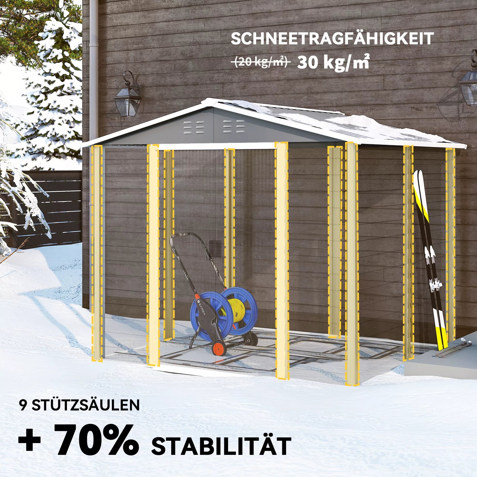 Metalinis įrankių sandėliukas, atsparus atmosferos poveikiui ir nerūdijantis, užrakinamas,  2,40 x 2,06 x 1,98 m, šviesiai pilkos spalvos
