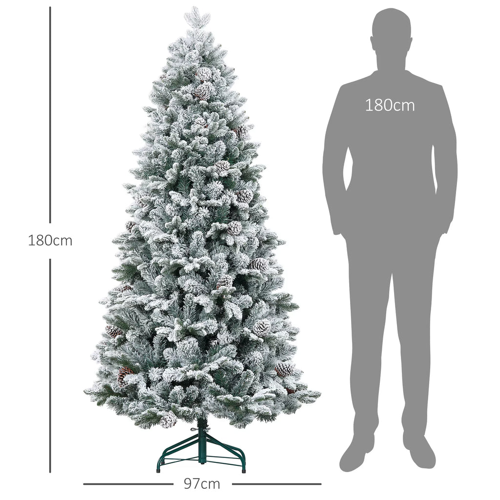 Dirbtinė Kalėdų eglutė su dirbtiniu sniegu ir kankorėžiais, 183 cm, žalia, realistinė, atspari ugniai, metalinis pagrindas
